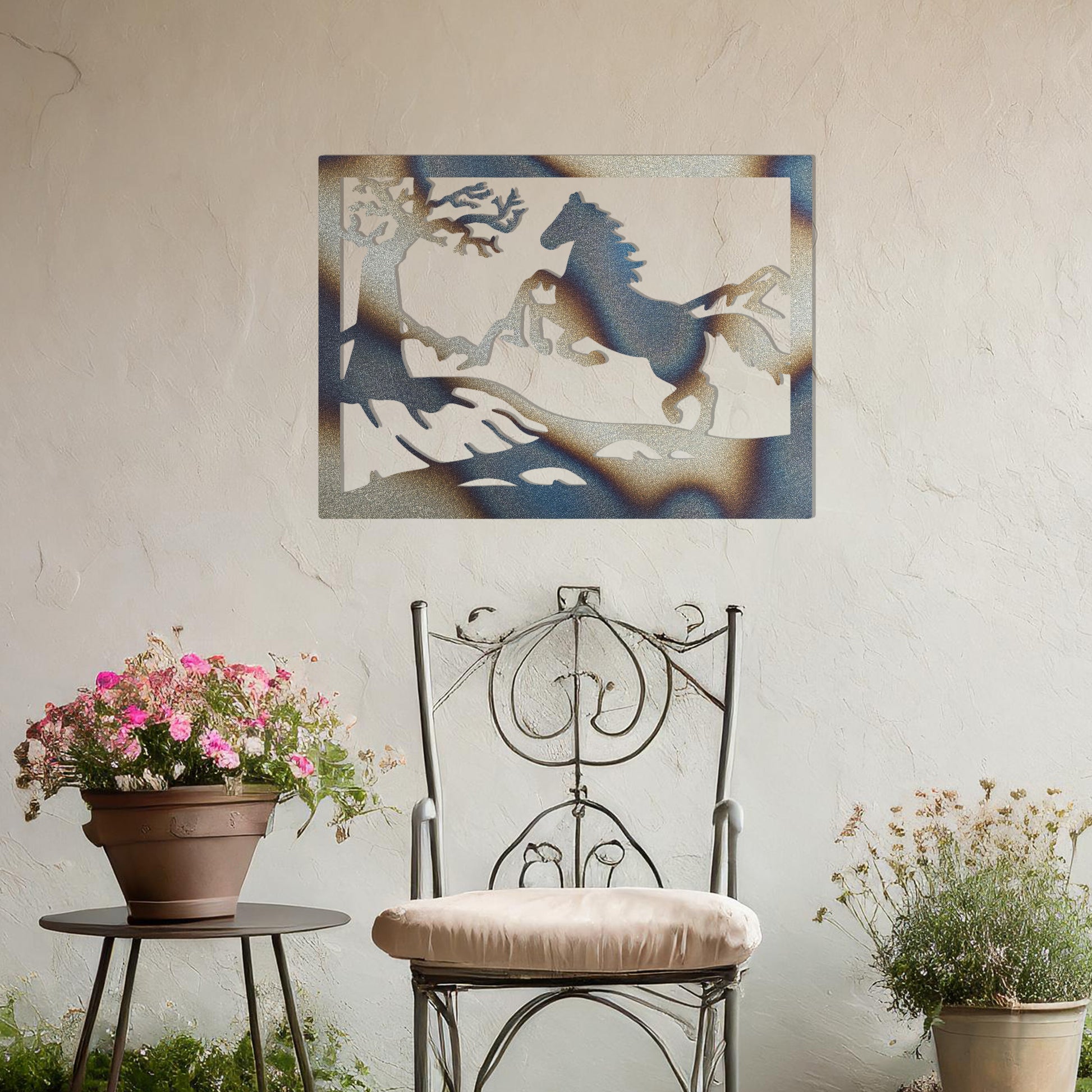 This wall art design depicts a majestic horse rearing up on a hillside, surrounded by a tree and mountain scenery, all encapsulated within a rectangular frame. A perfect addition for nature lovers and equestrian enthusiasts.