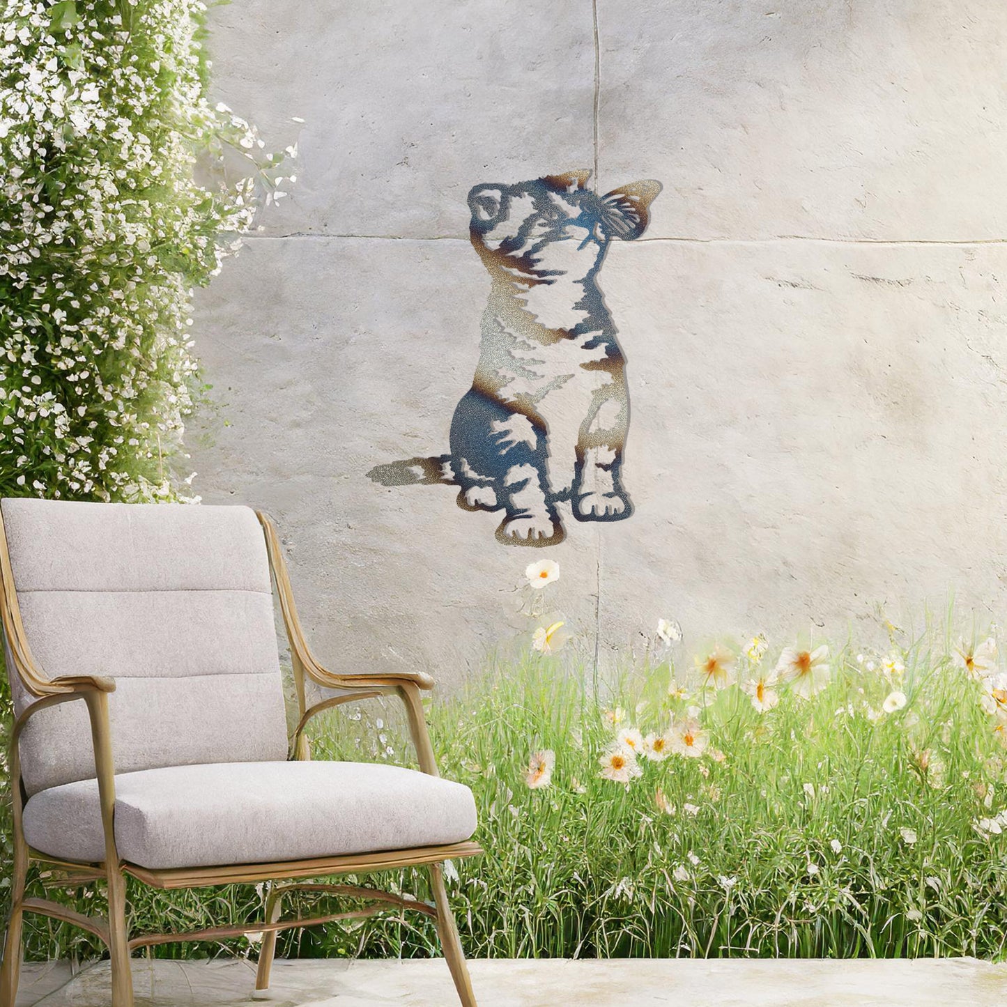 This image shows a playful and endearing design of a kitten interacting with a butterfly. The cat, in a curious and playful pose, captures the essence of feline innocence and charm. It’s a delightful piece of wall art that would add a whimsical touch to any space.