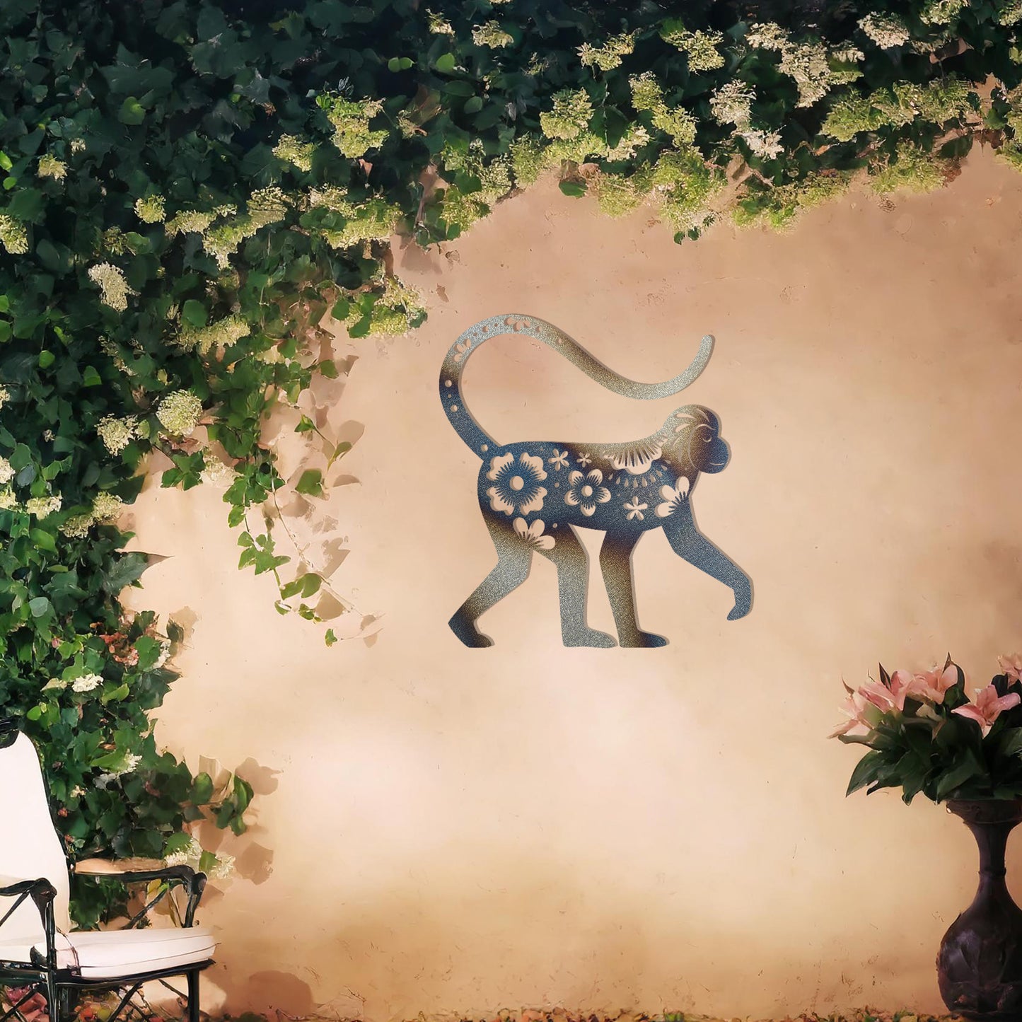 This design showcases a playful monkey adorned with floral patterns and intricate details. The artistic use of flowers and decorative elements within the silhouette gives the piece a whimsical and elegant charm, perfect for enhancing indoor or outdoor settings with a tropical or exotic theme.