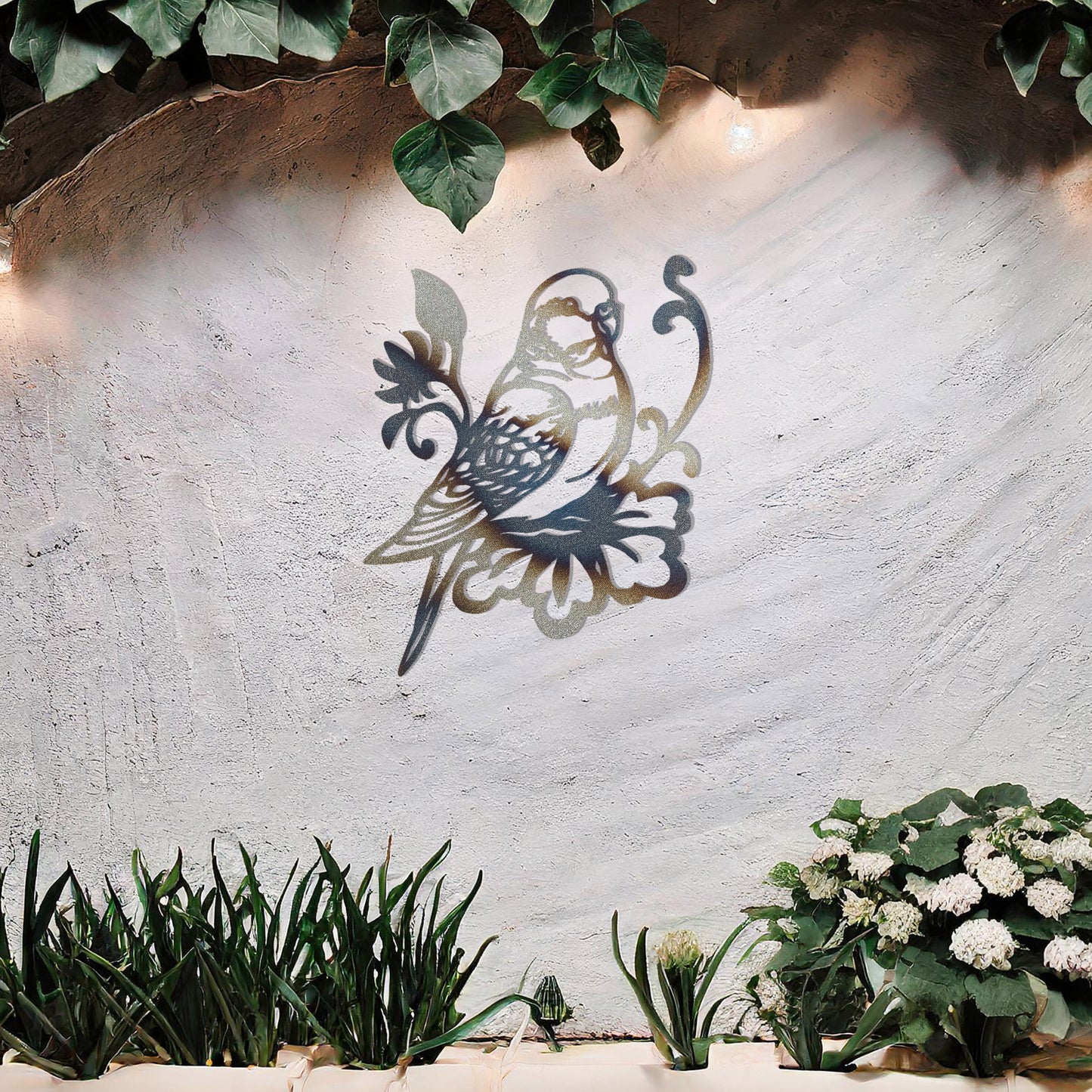 This image features a beautifully designed parrot perched on a floral motif. The bird's detailed feathers and the intricate floral elements create a graceful, organic feel. This would make an elegant and peaceful addition to any space.