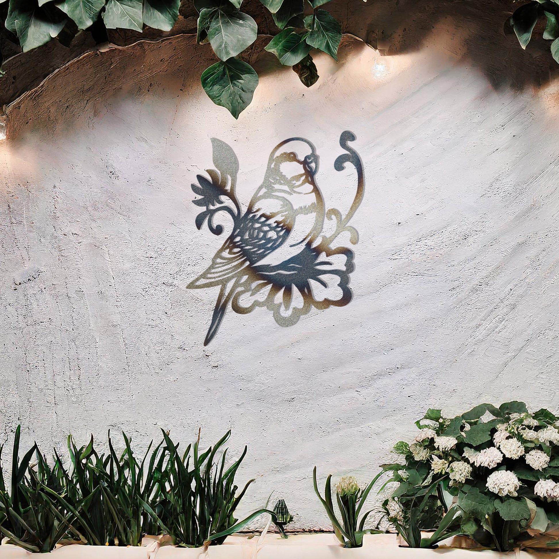 This image features a beautifully designed parrot perched on a floral motif. The bird's detailed feathers and the intricate floral elements create a graceful, organic feel. This would make an elegant and peaceful addition to any space.