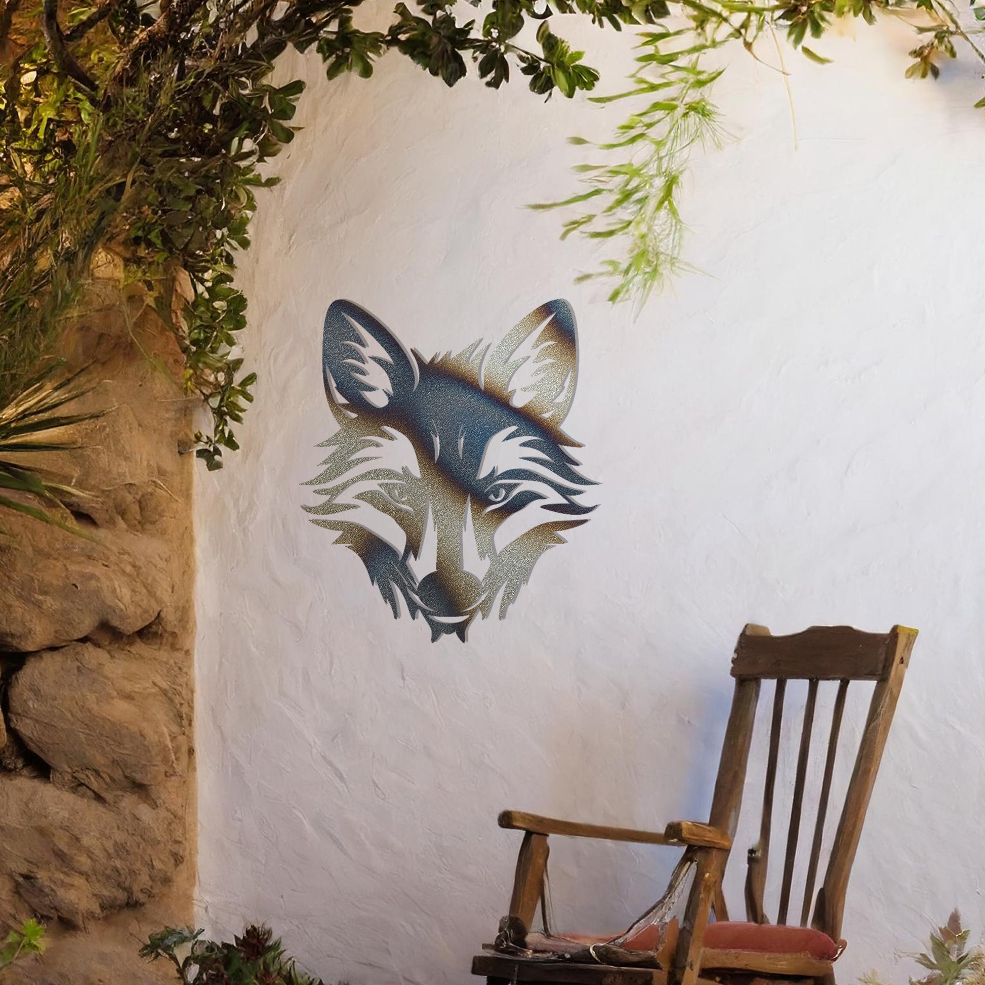 A captivating metal wall art design of a fox's face, intricately crafted with sharp lines and elegant details, representing grace and cunning. Ideal for enhancing interiors with a touch of the wild.