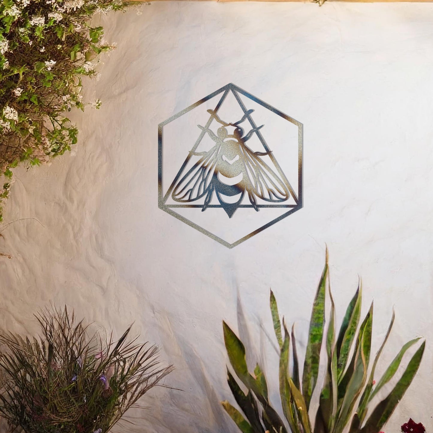 This design features a geometric hexagonal frame encasing a detailed bee motif, symbolising industriousness and nature's harmony. A modern yet naturalistic artwork, perfect for adding a stylish touch to any interior or exterior space.