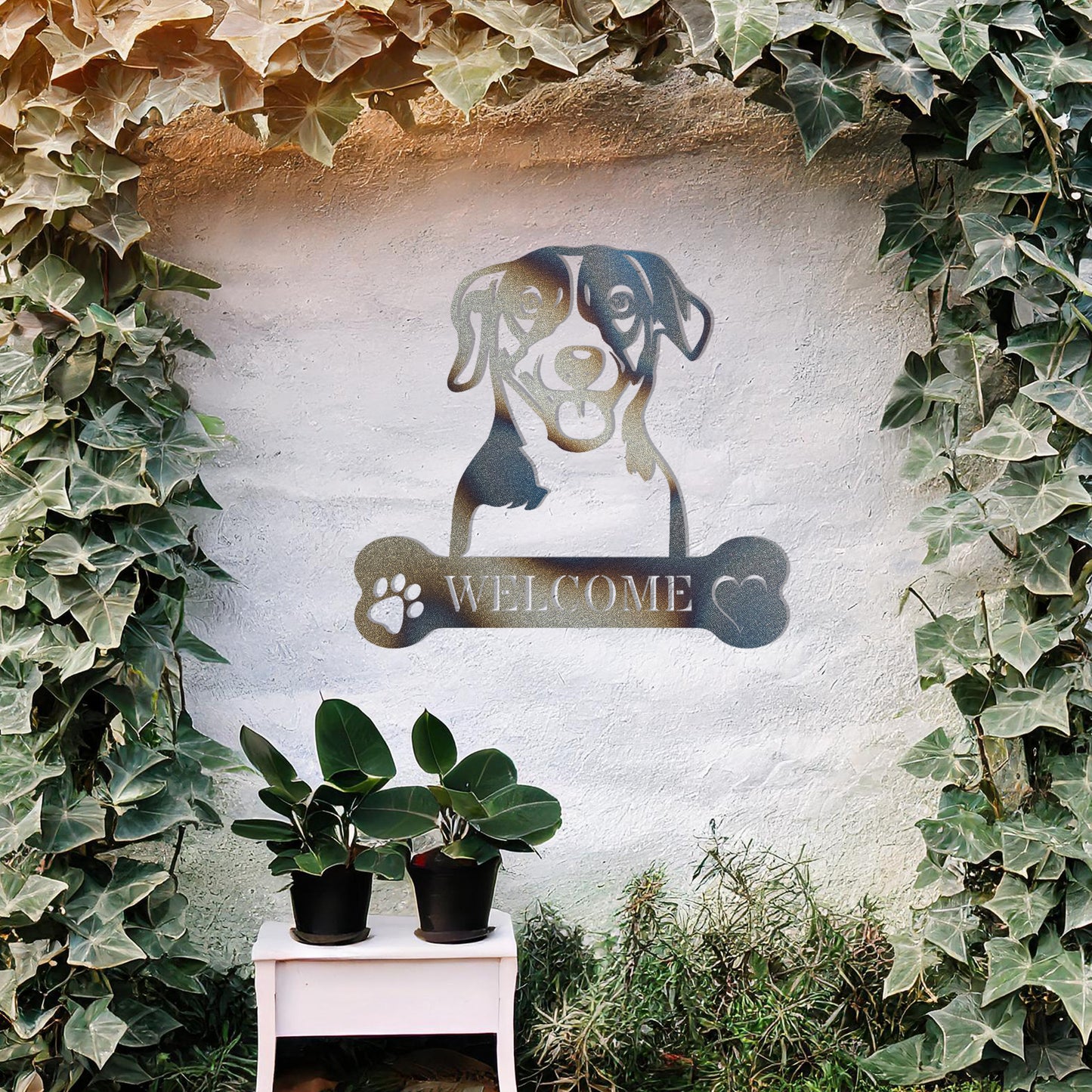 Metal Jack Russell Terrier dog design with a bone-shaped 'WELCOME' text and paw prints, perfect for adding a cheerful, welcoming touch to entryways or outdoor spaces.
