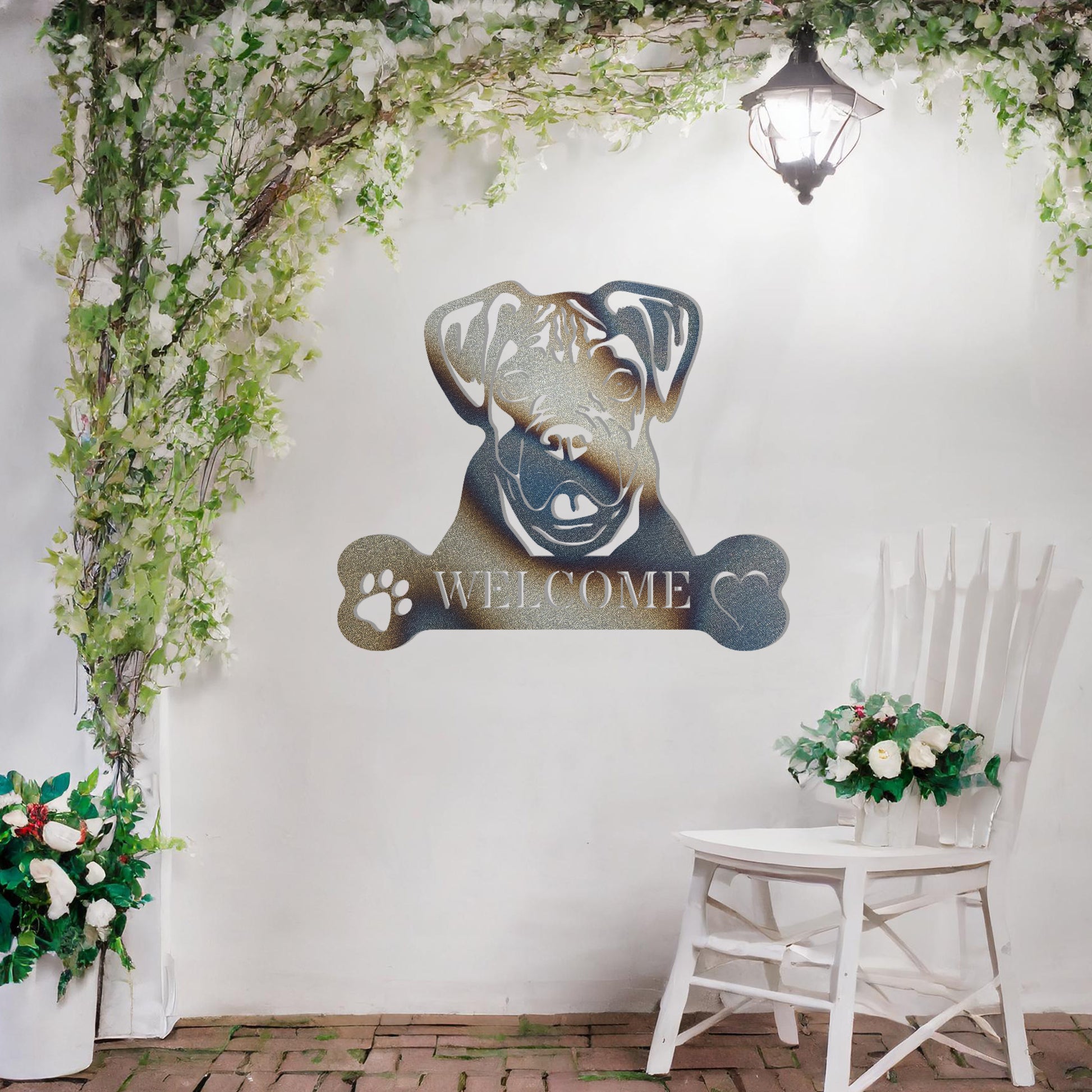 Metal Boxer dog design with a bone-shaped 'WELCOME' text and paw prints, perfect for adding a friendly and welcoming touch to entryways or outdoor spaces.