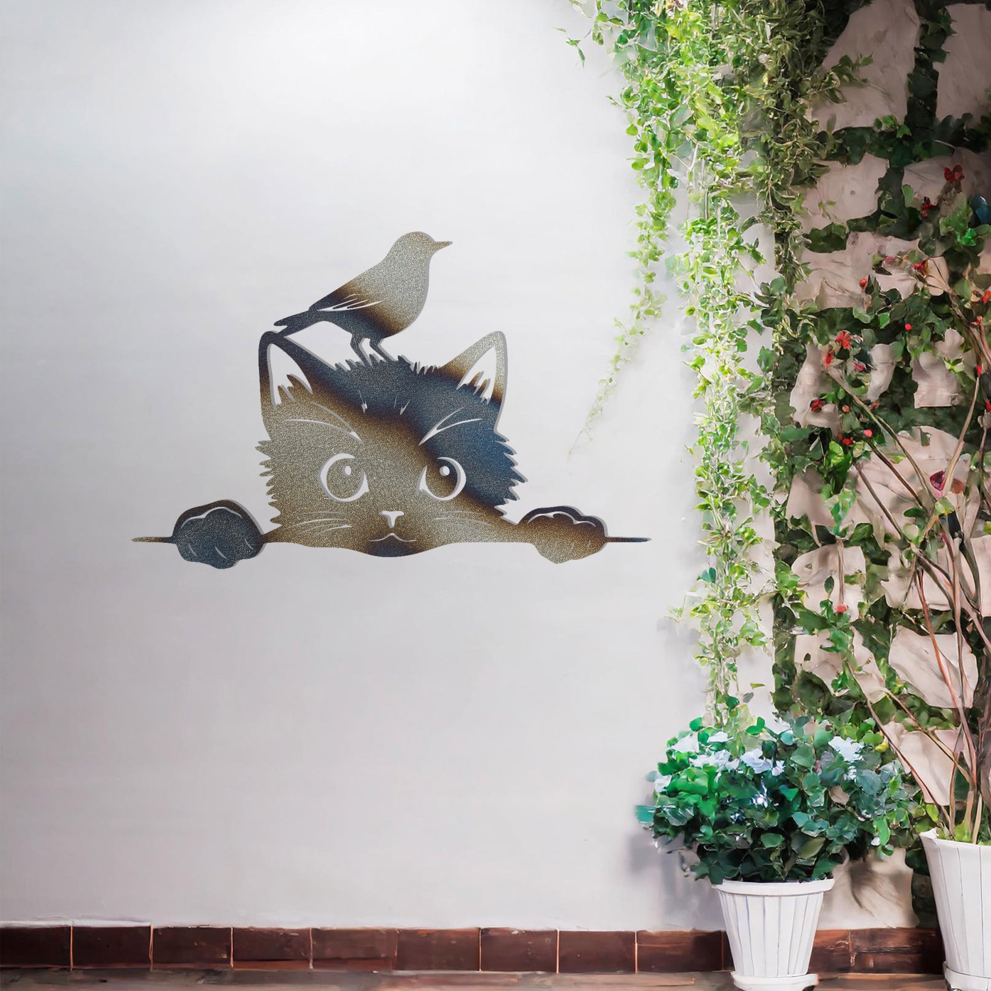 This is a charming and playful metal wall art design featuring a curious cat peeking over a fence, with a bird sitting atop its head. It brings a whimsical and fun element to any space, perfect for animal lovers and nature-themed decor.