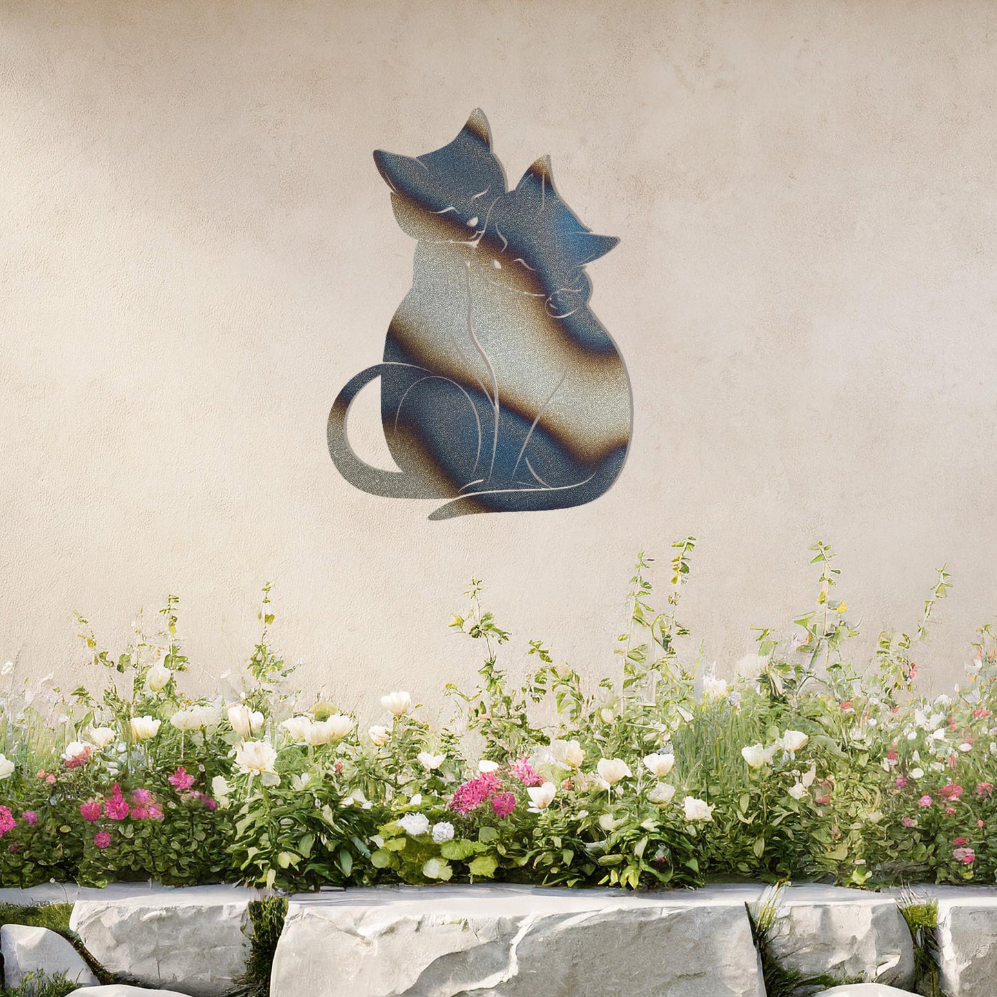This design showcases two affectionate cats sitting closely together, creating an elegant and heartwarming silhouette. Their graceful posture and intertwined tails evoke a sense of companionship, making this piece perfect for cat lovers.