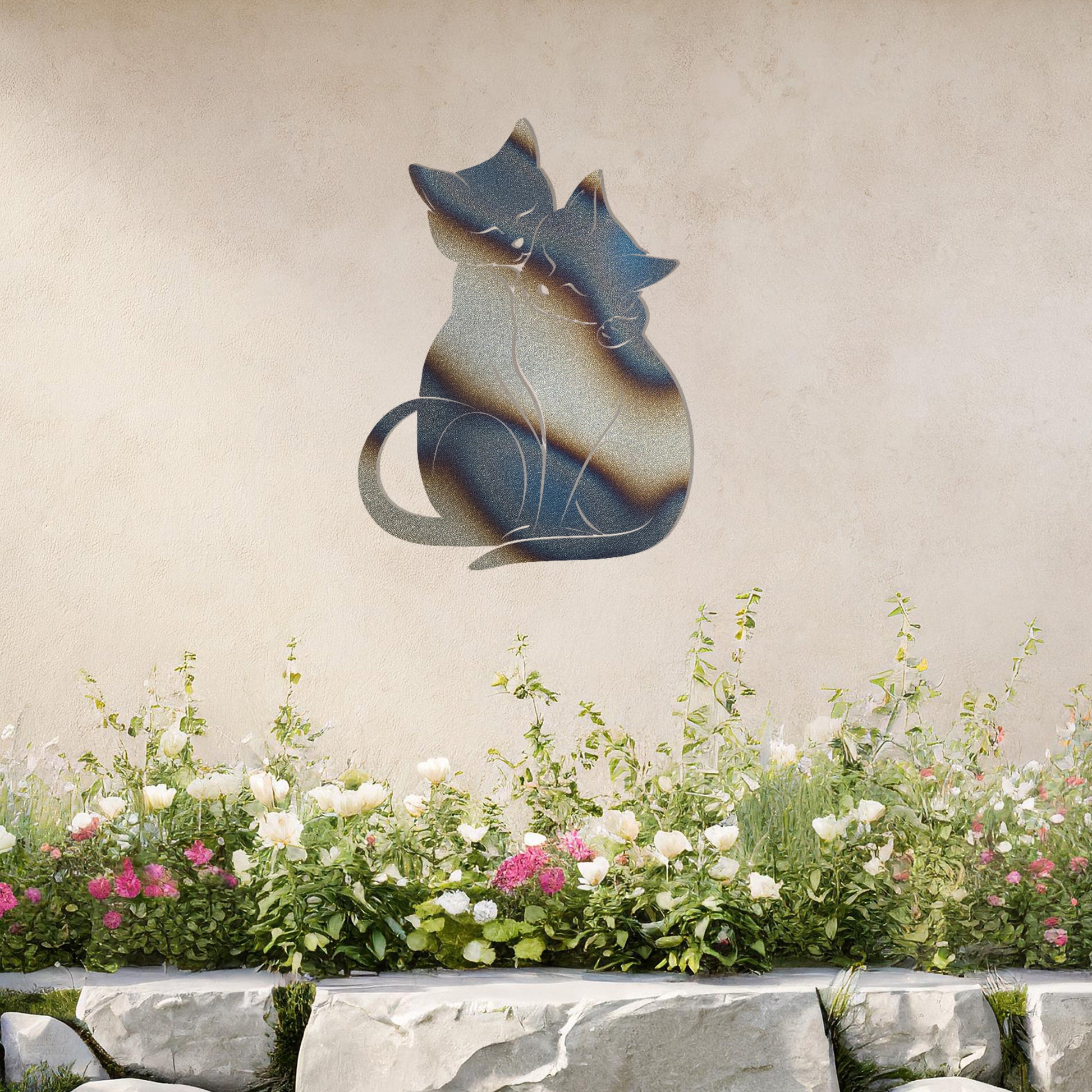 This design showcases two affectionate cats sitting closely together, creating an elegant and heartwarming silhouette. Their graceful posture and intertwined tails evoke a sense of companionship, making this piece perfect for cat lovers.