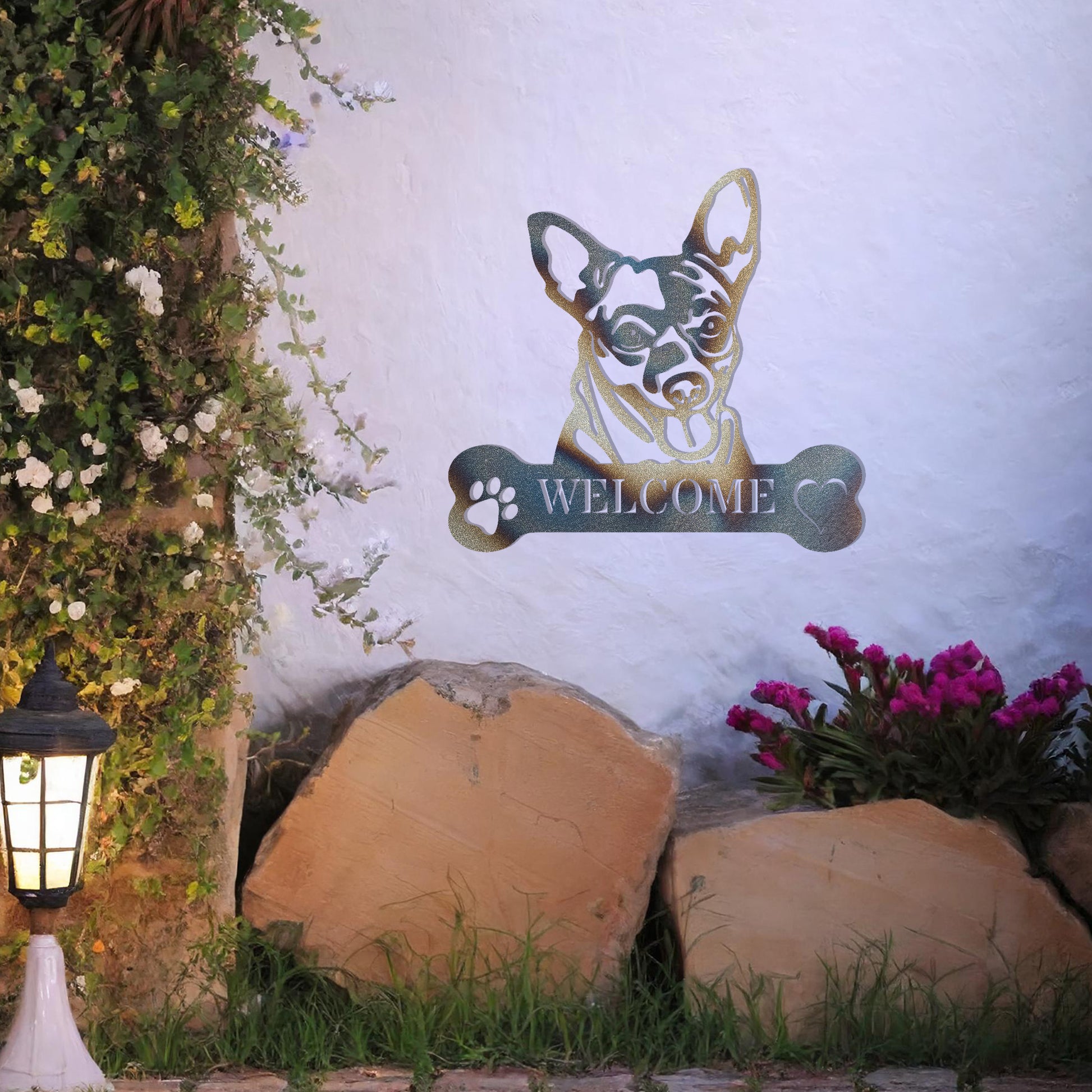 Metal Chihuahua dog design with a bone-shaped 'WELCOME' text and paw prints, perfect for adding a cute and welcoming touch to entryways or outdoor spaces.