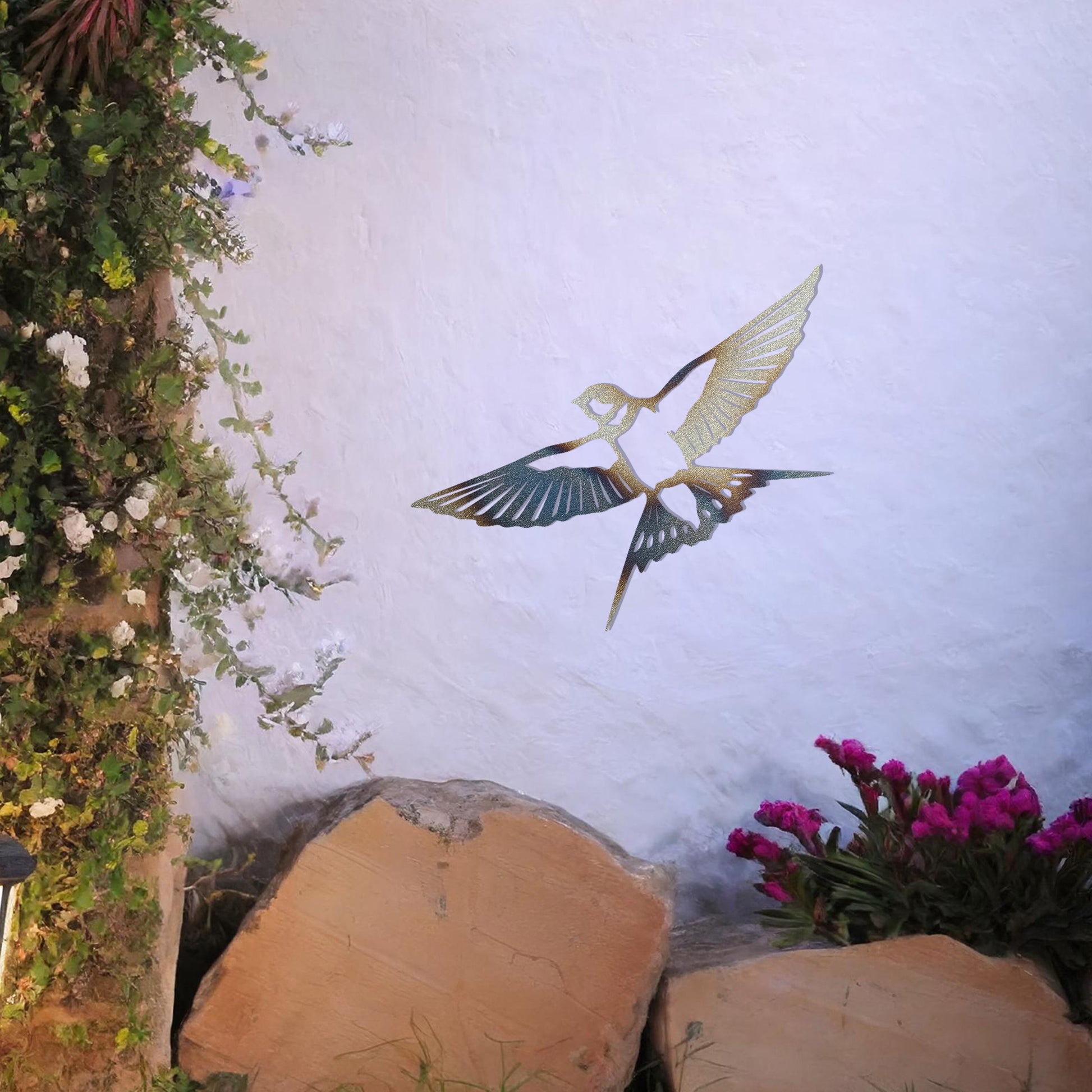 Metal garden decoration featuring a bird in mid-flight with detailed wings and tail, elegantly designed to bring a touch of nature-inspired charm and artistry to outdoor walls or garden settings.