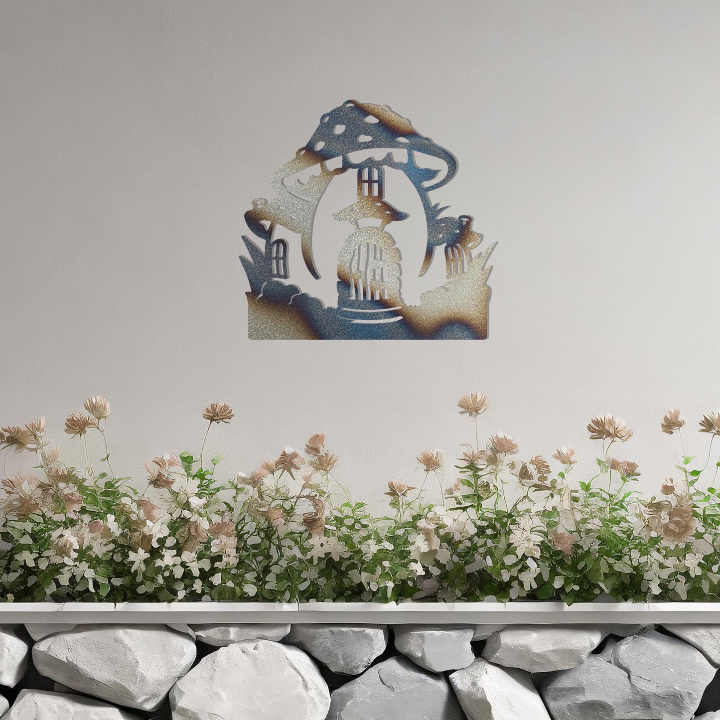 Metal garden decoration featuring a whimsical mushroom house design with intricate windows, a detailed door, and playful accents, adding a touch of fairy-tale charm and creativity to outdoor spaces.