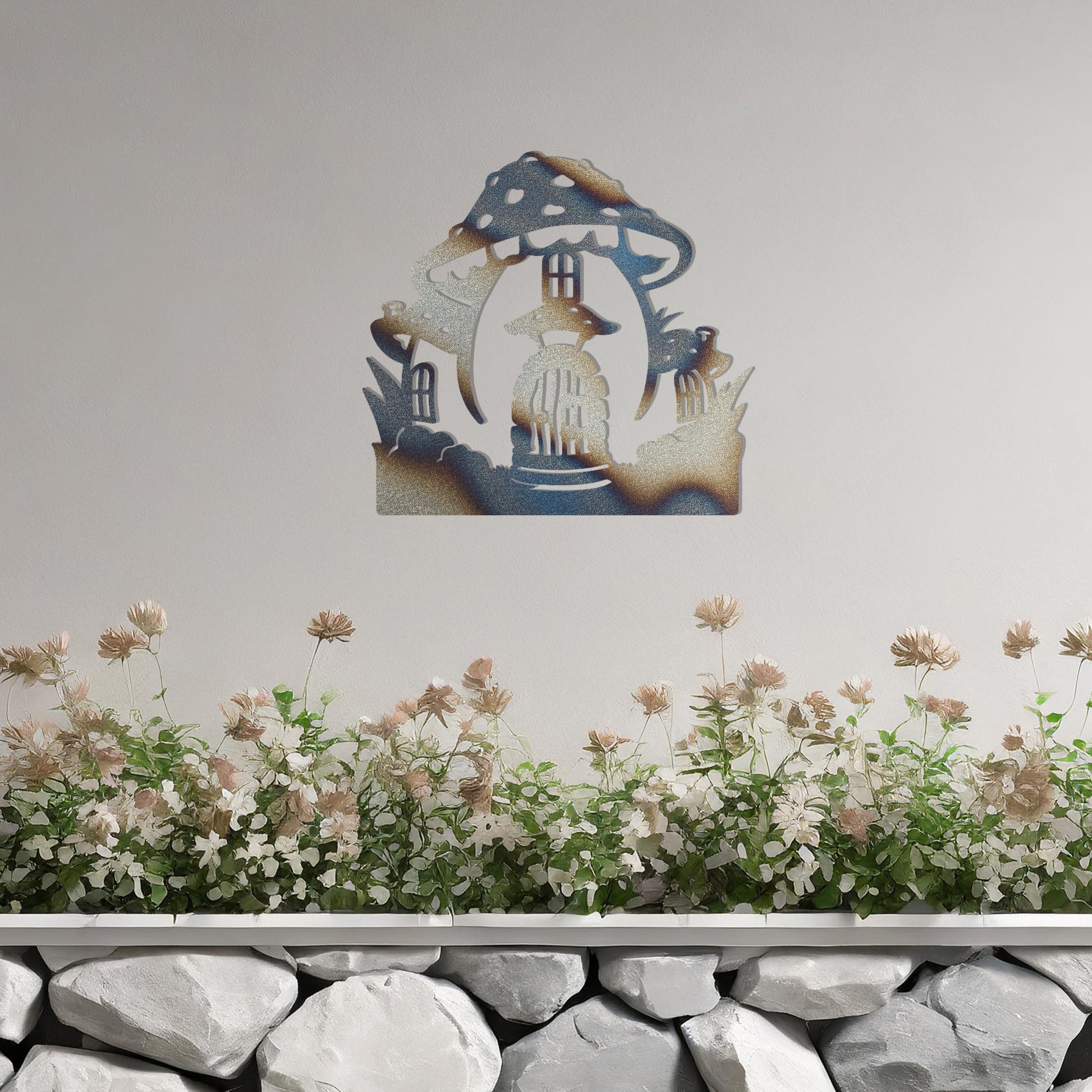 Metal garden decoration featuring a whimsical mushroom house design with intricate windows, a detailed door, and playful accents, adding a touch of fairy-tale charm and creativity to outdoor spaces.