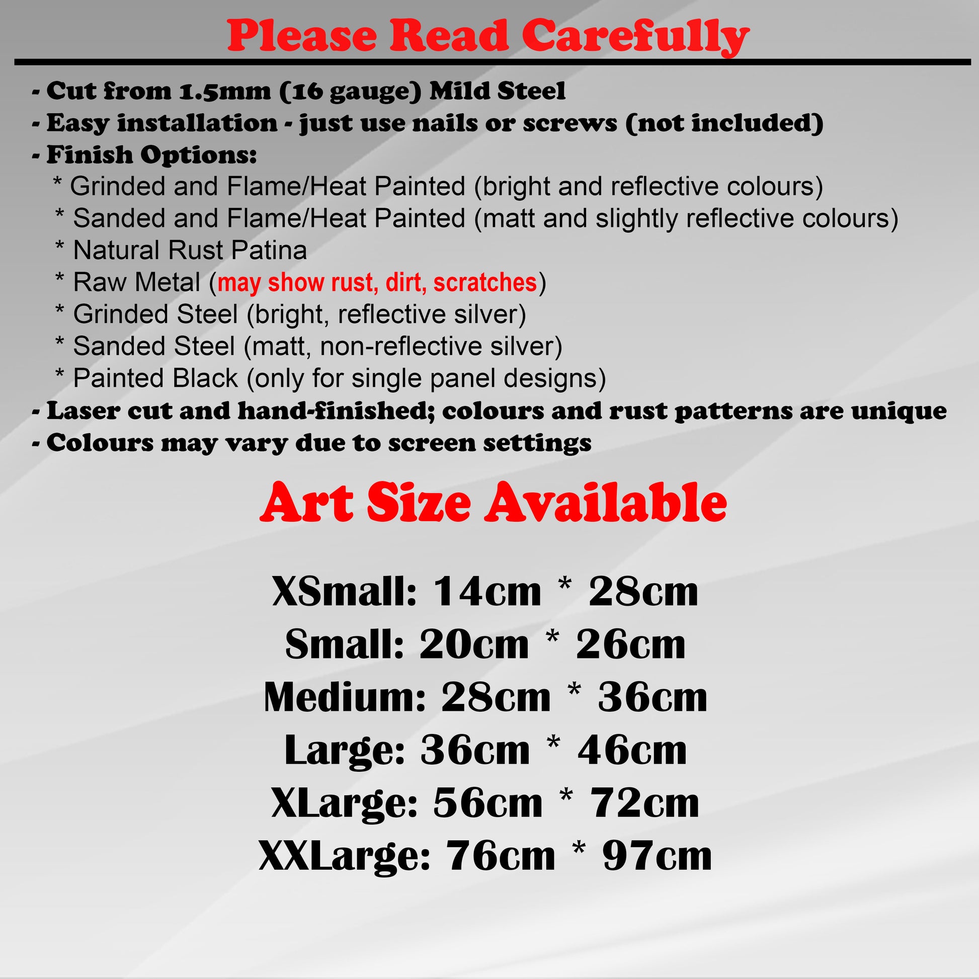 Duke Craft - Metal Garden Art Size Guide and art details, Material, finish options, fittings explained.