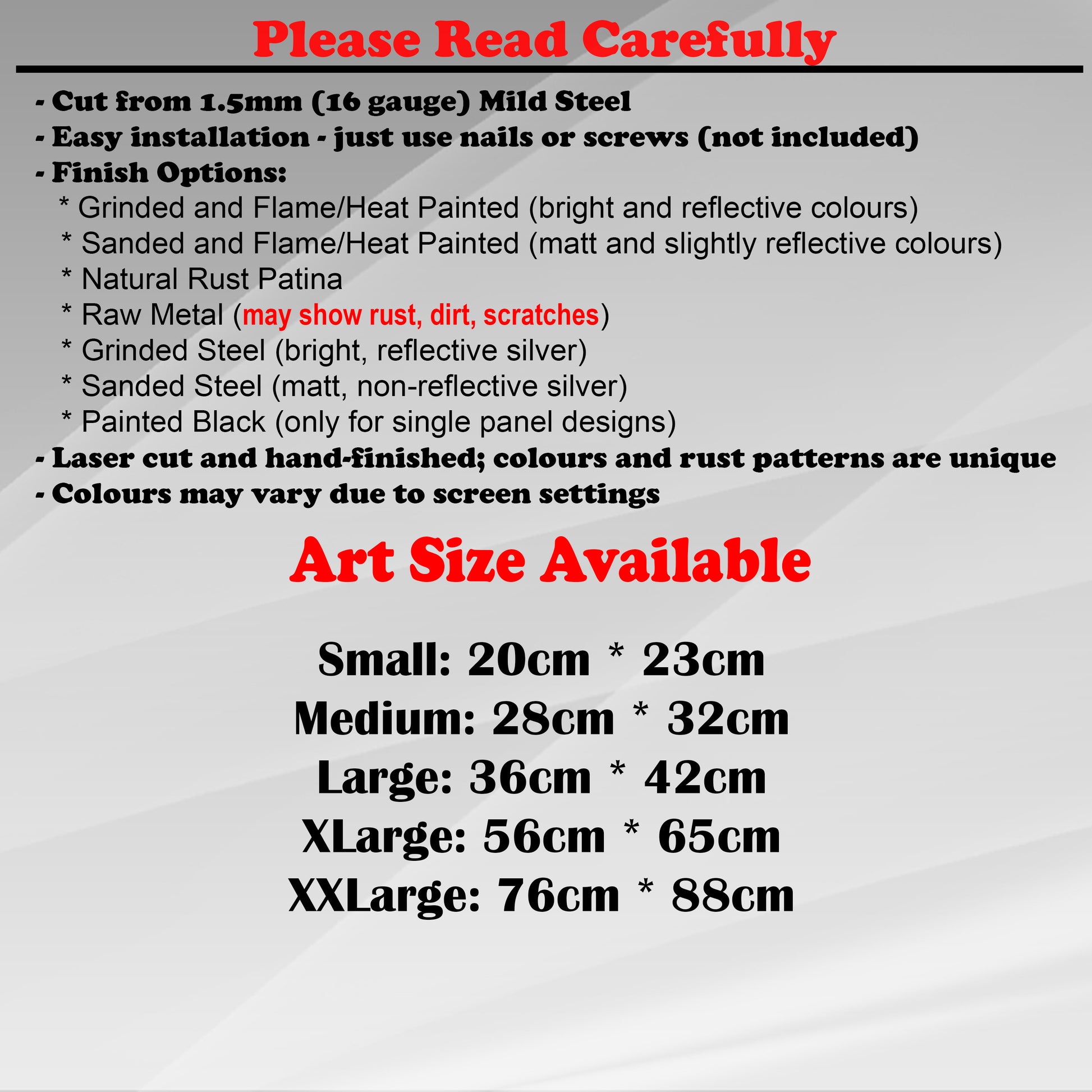 Duke Craft - Metal Garden Art Size Guide and art details, Material, finish options, fittings explained.