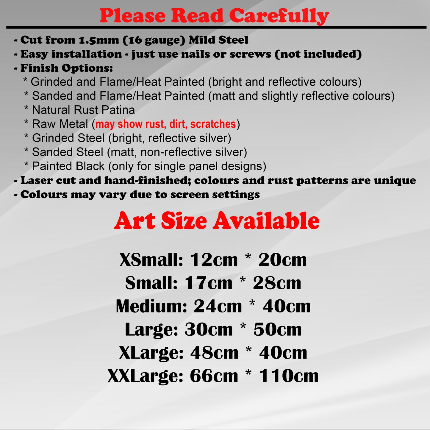 Duke Craft - Metal Garden Art Size Guide and art details, Material, finish options, fittings explained.
