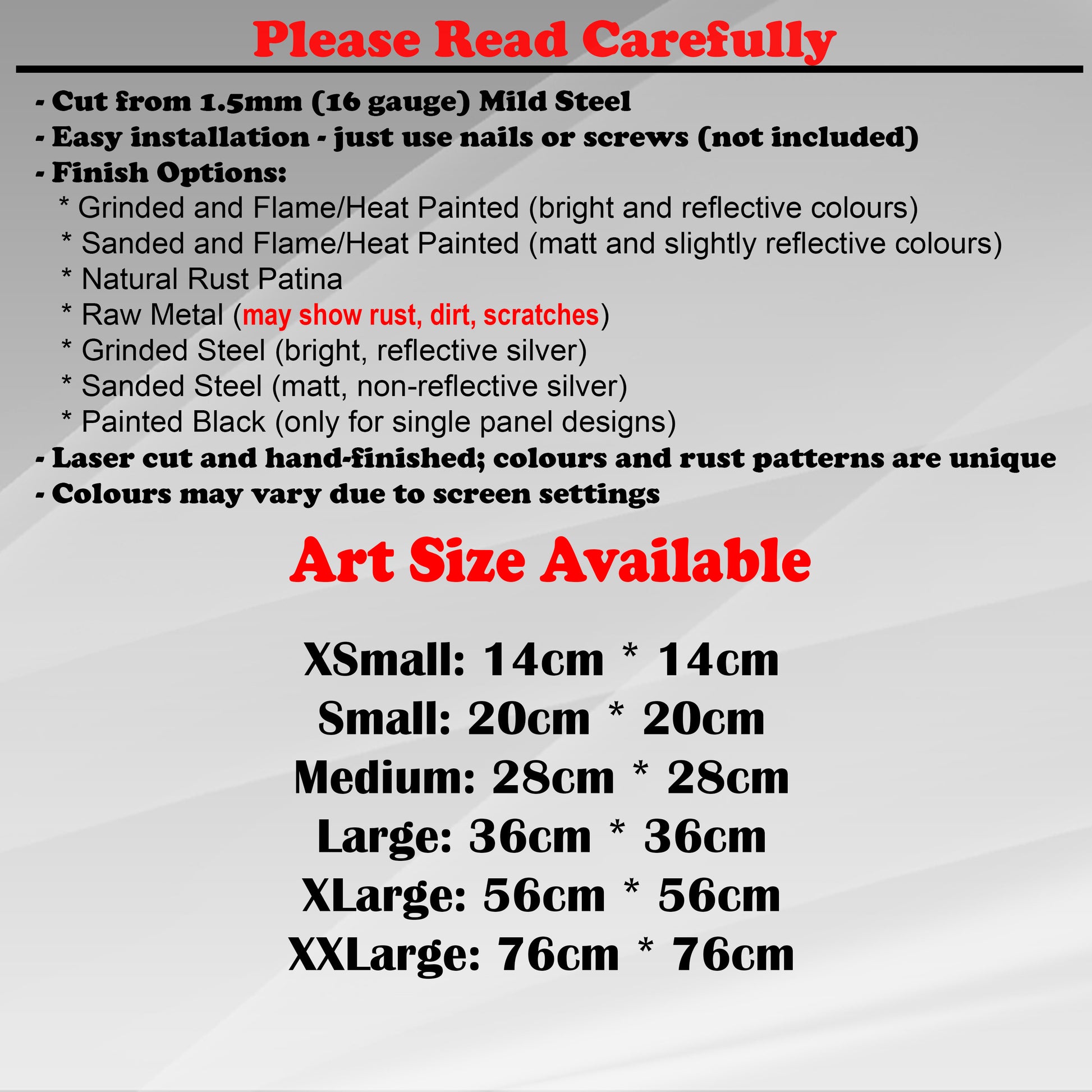 Duke Craft - Metal Garden Art Size Guide and art details, Material, finish options, fittings explained.