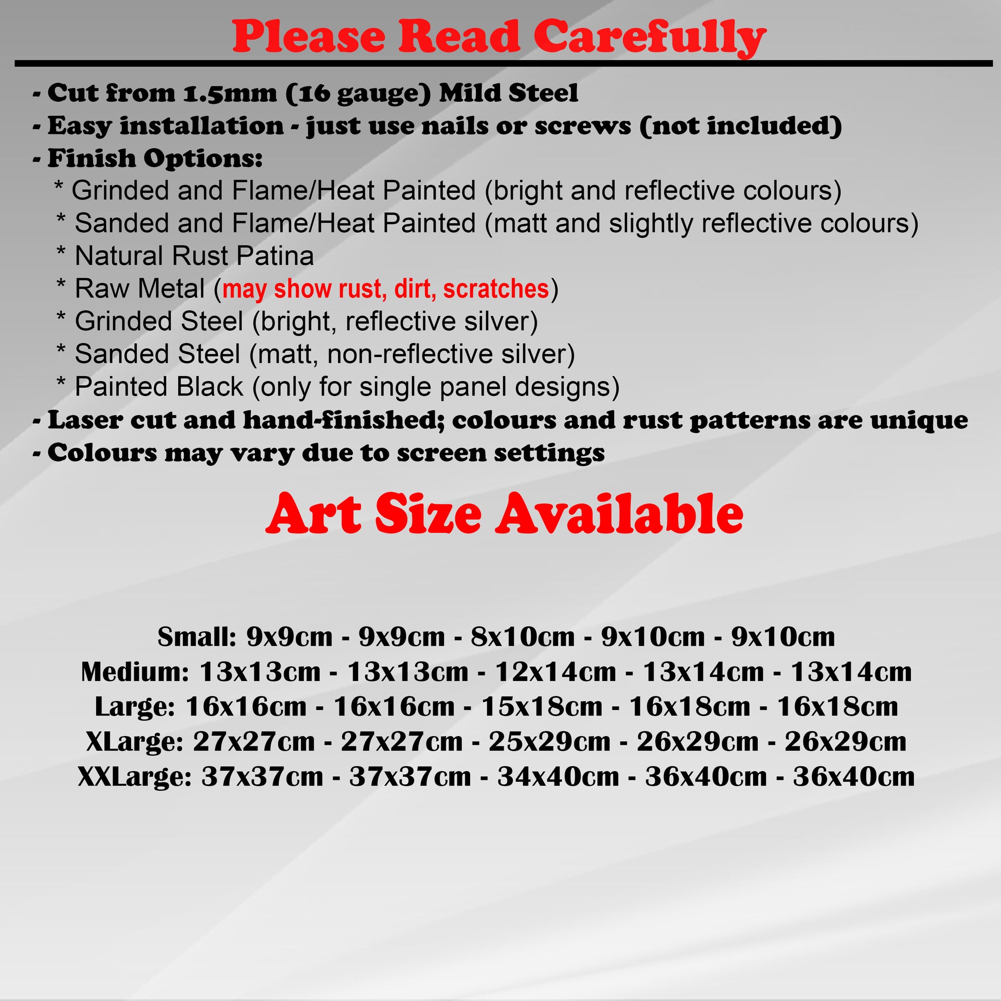 Duke Craft - Metal Garden Art Size Guide and art details, Material, finish options, fittings explained.