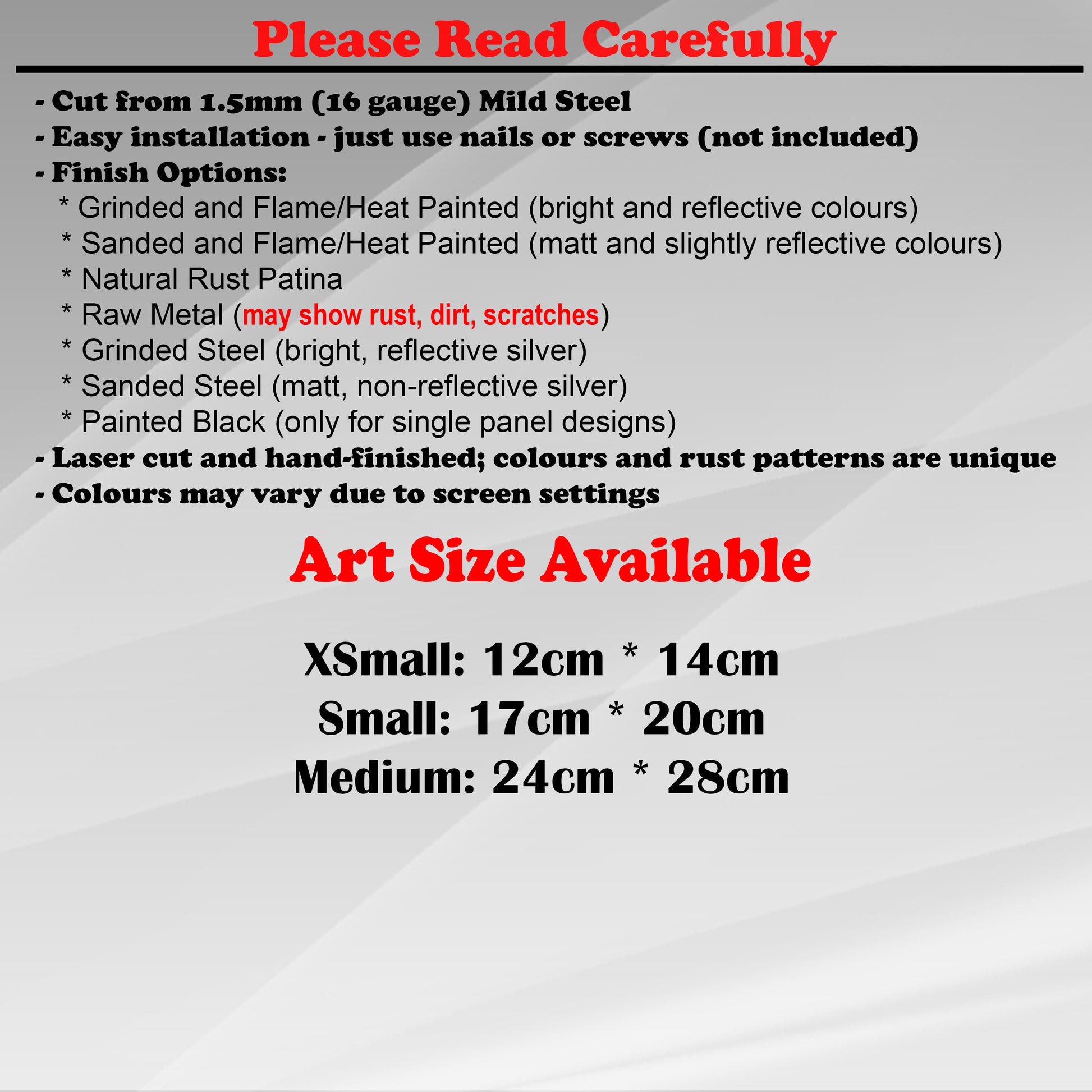 Duke Craft - Metal Garden Art Size Guide and art details, Material, finish options, fittings explained.