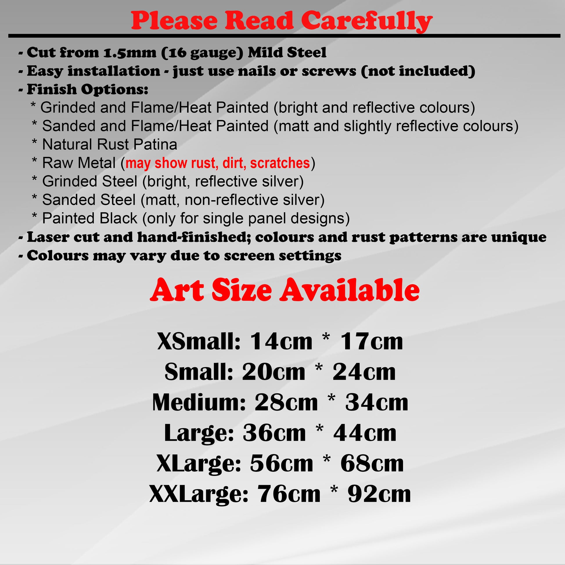 Duke Craft - Metal Garden Art Size Guide and art details, Material, finish options, fittings explained.