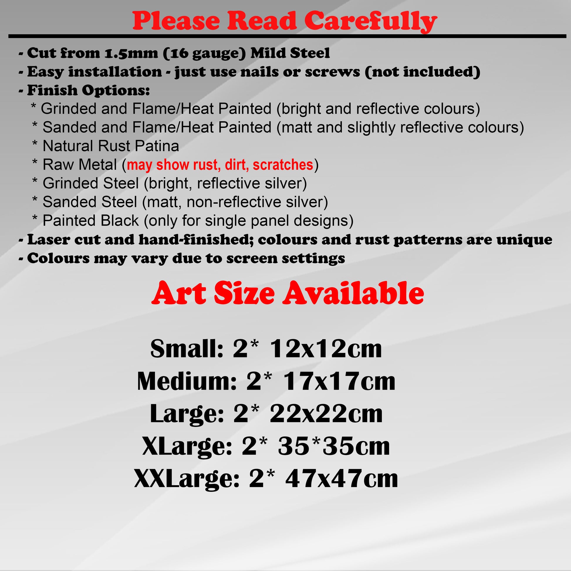 Duke Craft - Metal Garden Art Size Guide and art details, Material, finish options, fittings explained.