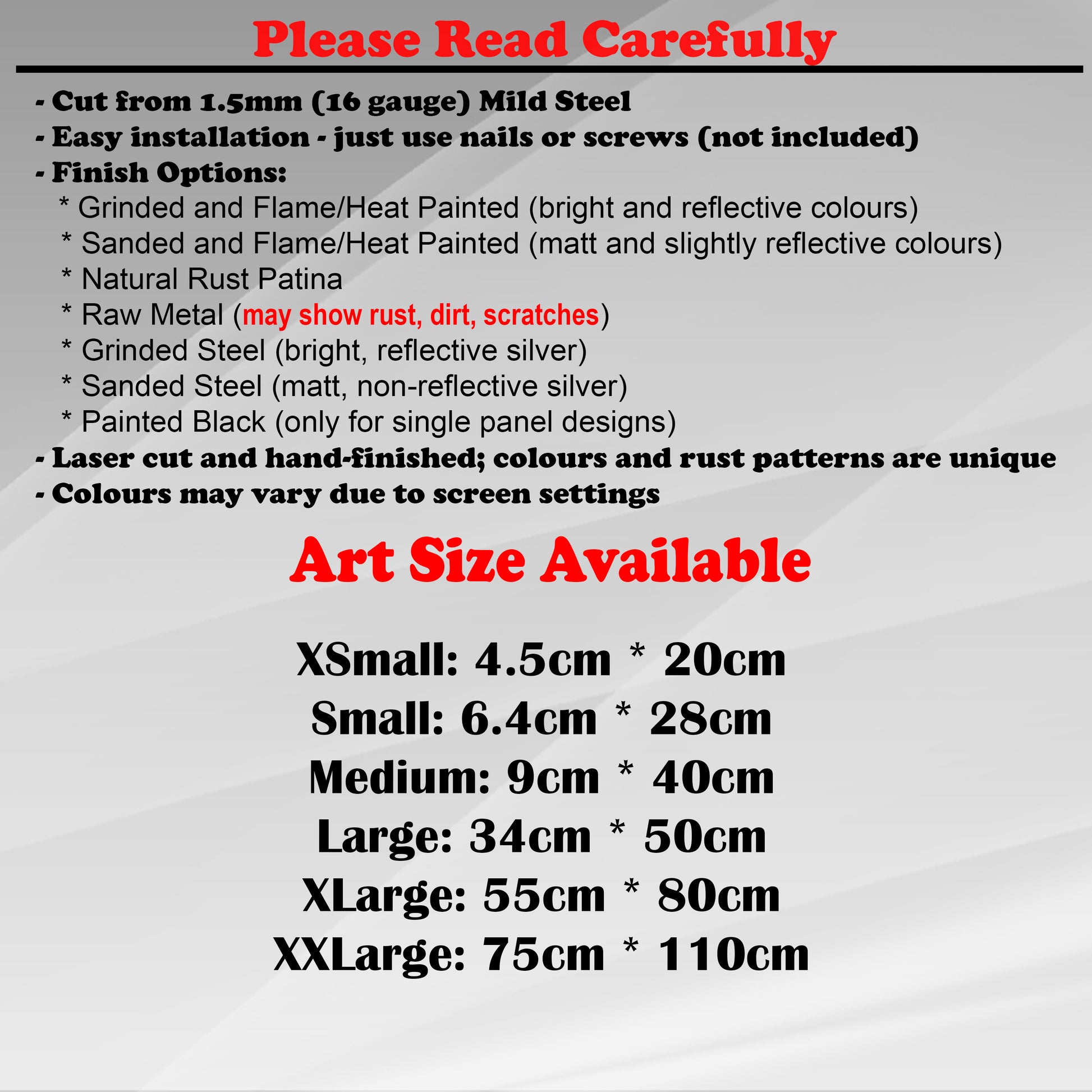 Duke Craft - Metal Garden Art Size Guide and art details, Material, finish options, fittings explained.