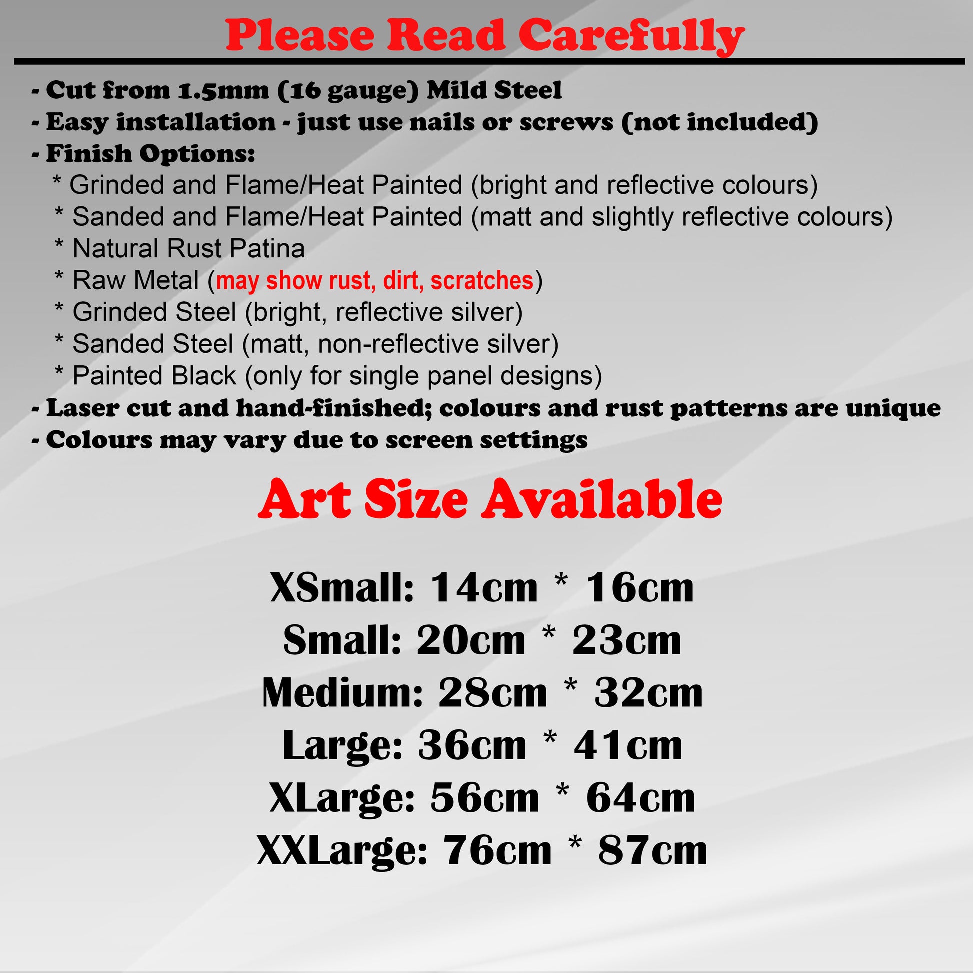 Duke Craft - Metal Garden Art Size Guide and art details, Material, finish options, fittings explained.
