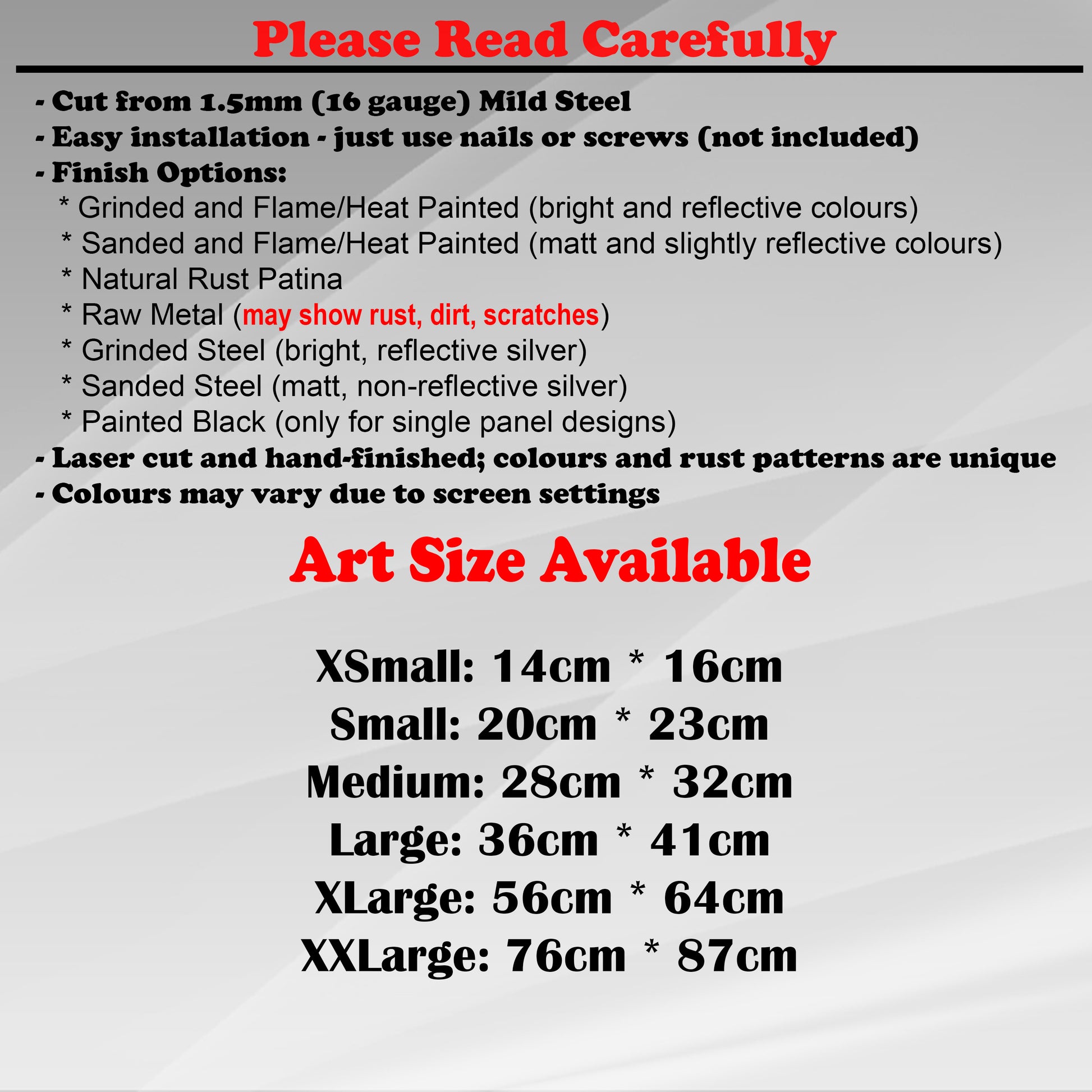 Duke Craft - Metal Garden Art Size Guide and art details, Material, finish options, fittings explained.
