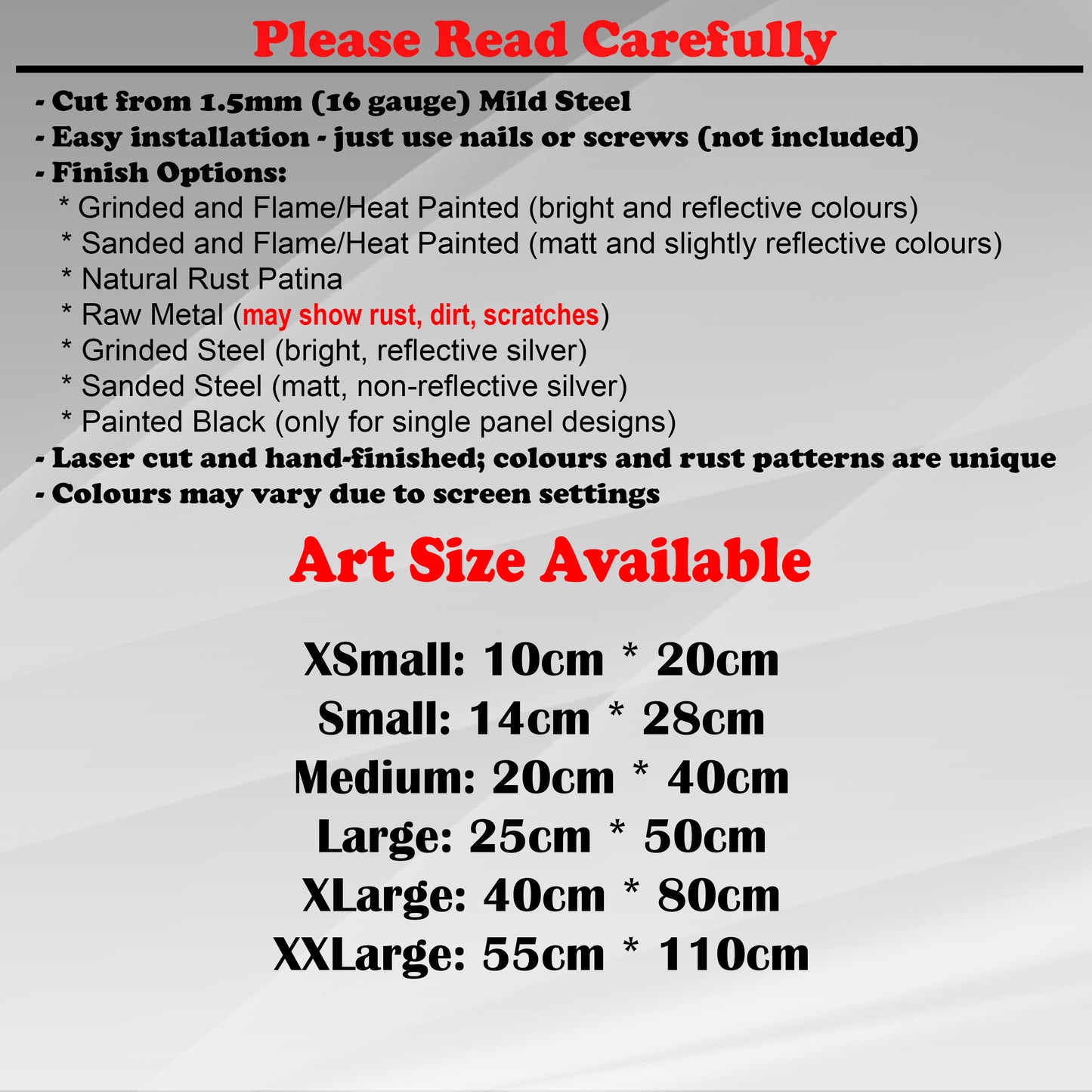 Duke Craft - Metal Garden Art Size Guide and art details, Material, finish options, fittings explained.