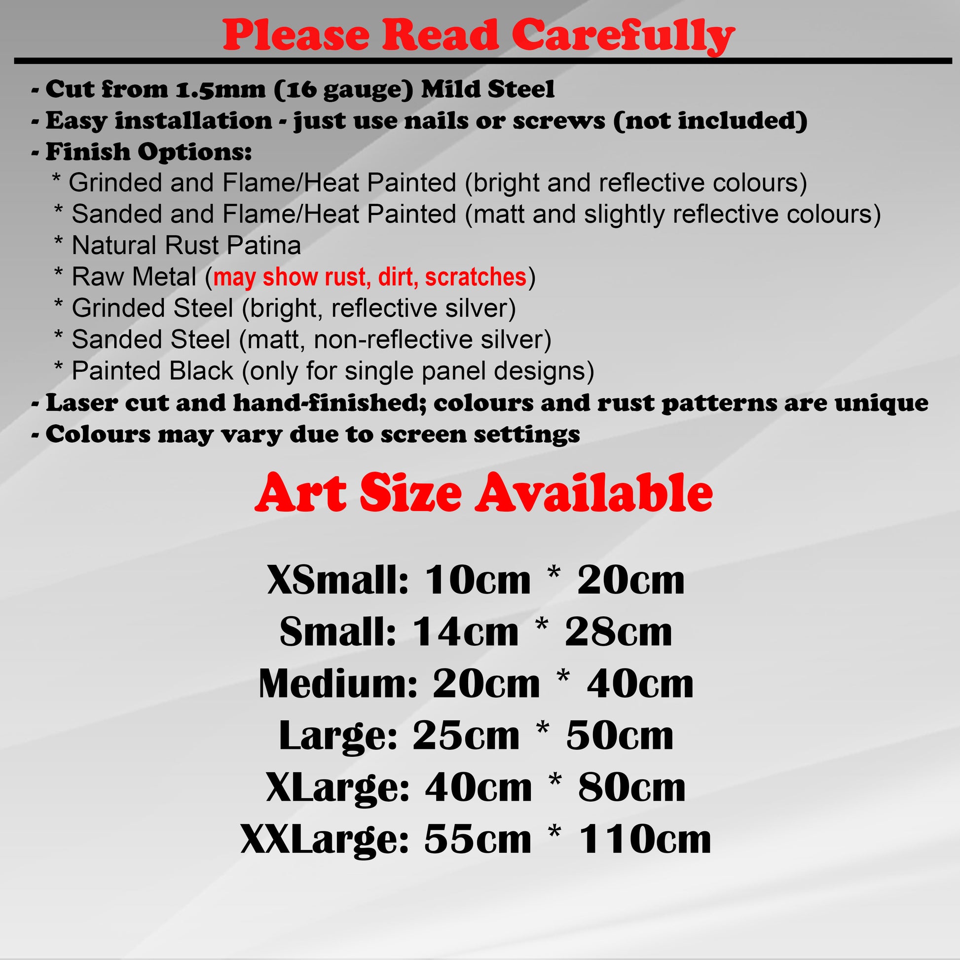 Duke Craft - Metal Garden Art Size Guide and art details, Material, finish options, fittings explained.