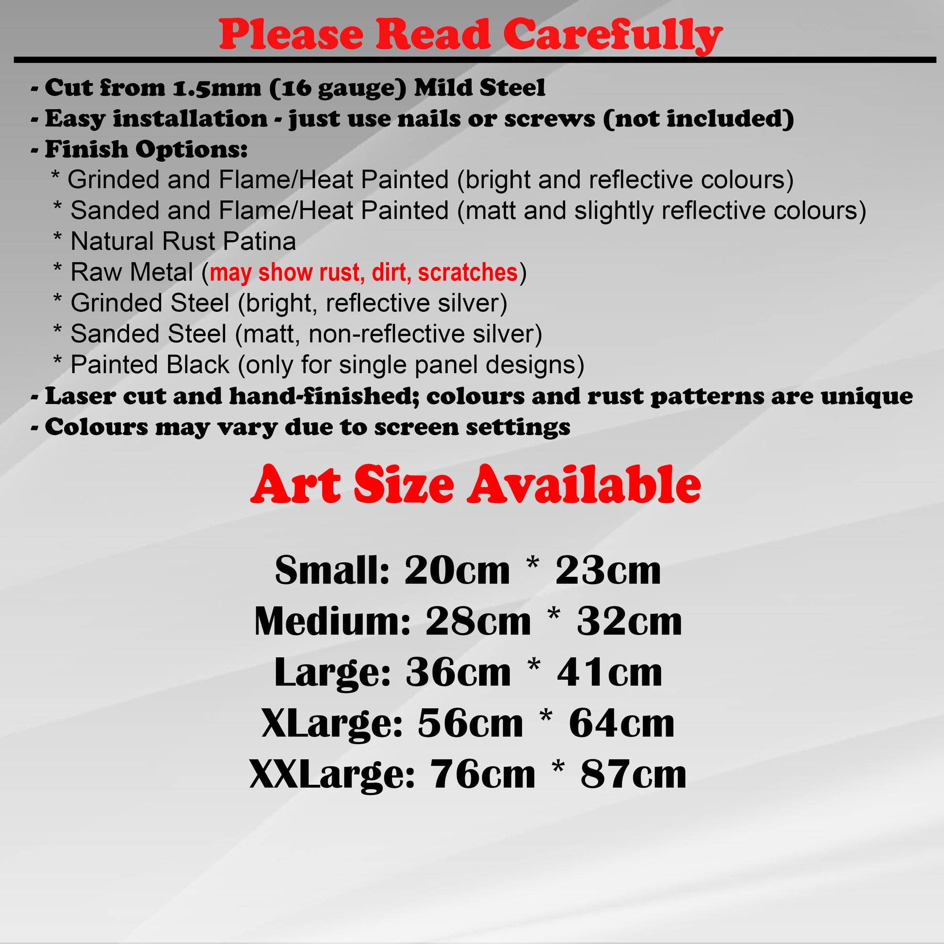 Duke Craft - Metal Garden Art Size Guide and art details, Material, finish options, fittings explained.