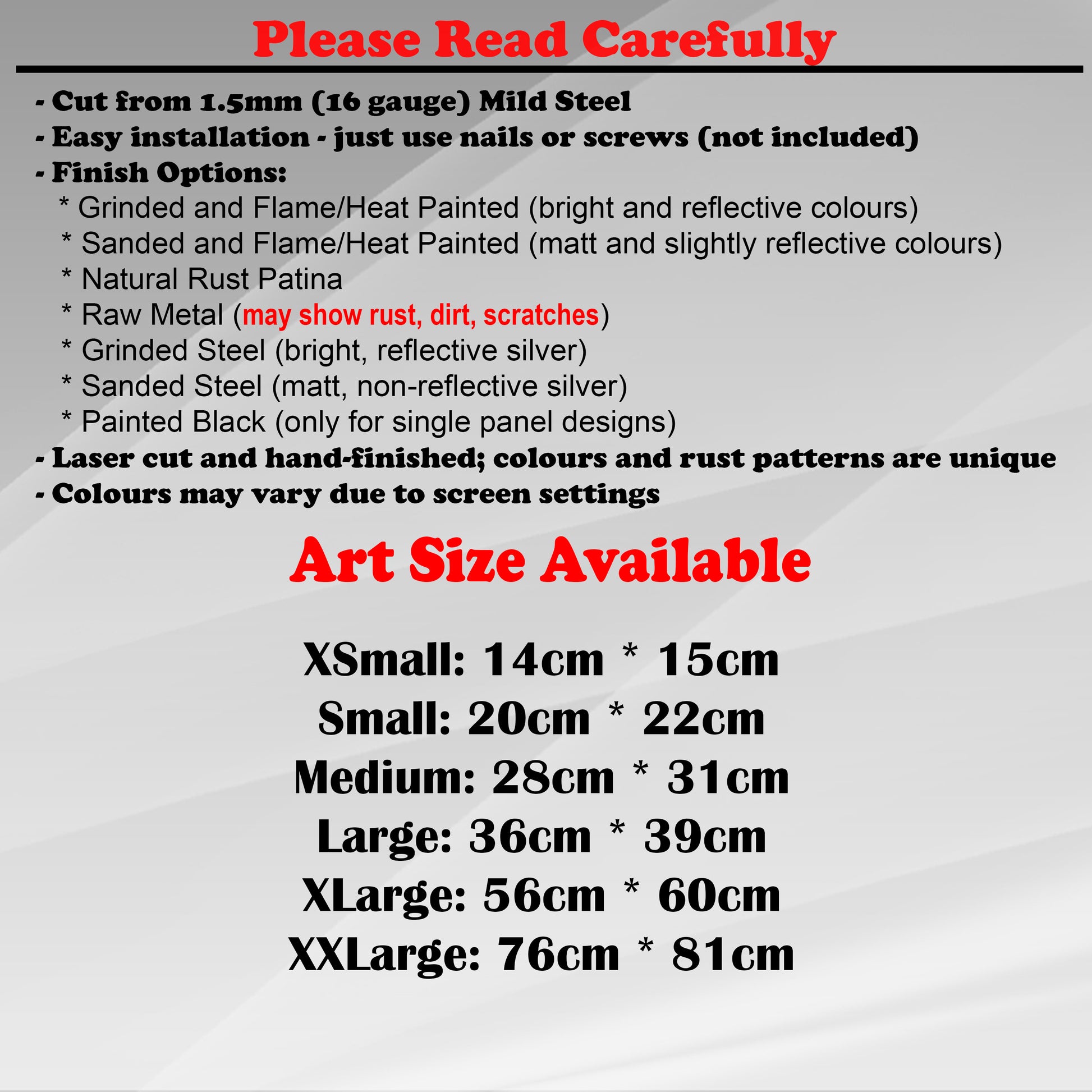 Duke Craft - Metal Garden Art Size Guide and art details, Material, finish options, fittings explained.
