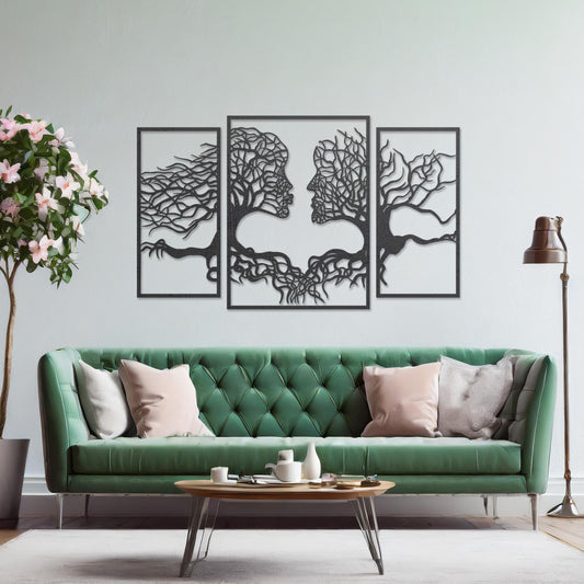 Wooden wall art showcasing a striking design of intertwined tree branches forming human profiles, placed on a neutral wall within modern room decor, highlighting its artistic and symbolic craftsmanship.
