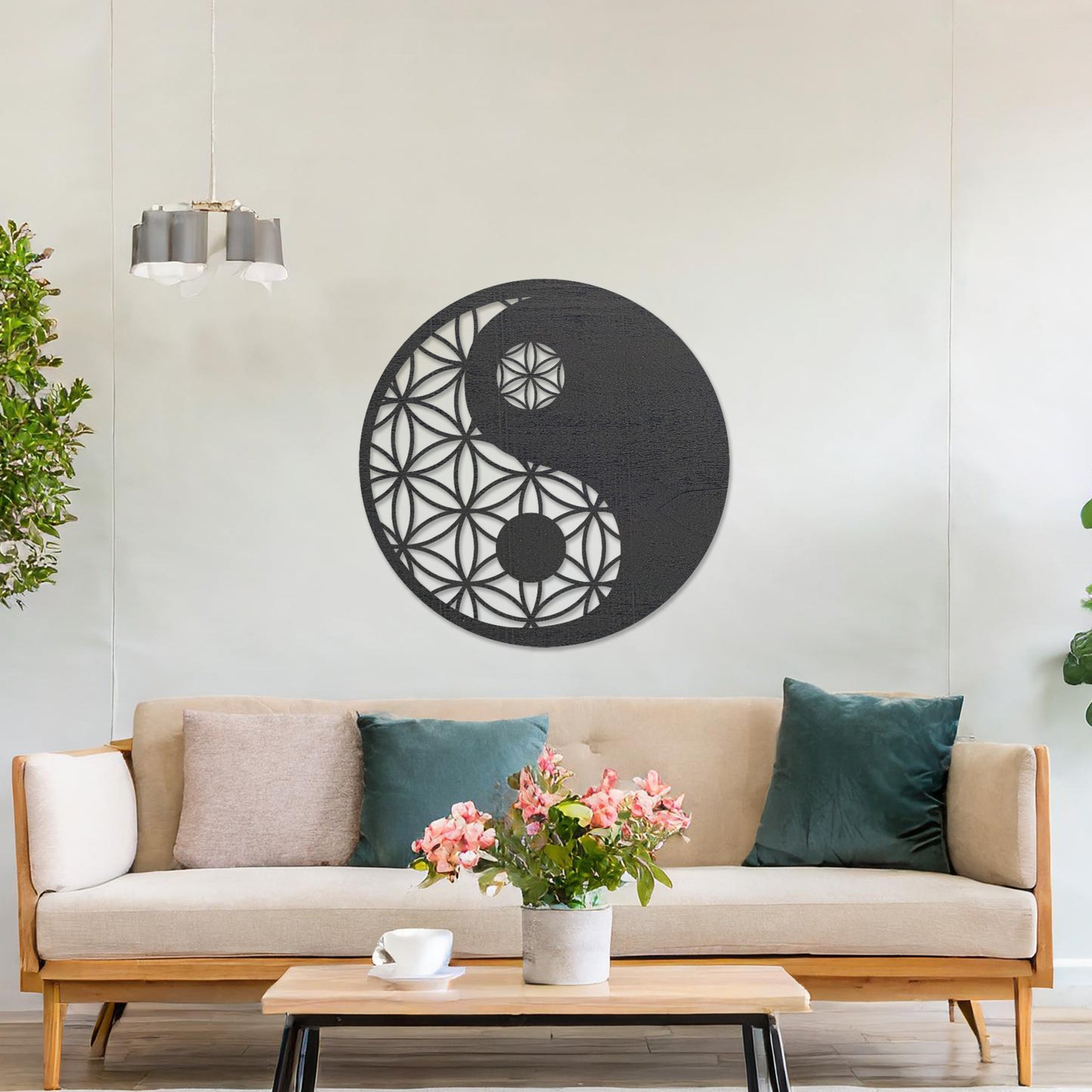 Wooden wall art design featuring a yin-yang symbol with a geometric flower of life pattern, framed in a circular shape, placed on a neutral wall within modern room decor. The design blends balance and harmony with intricate details.