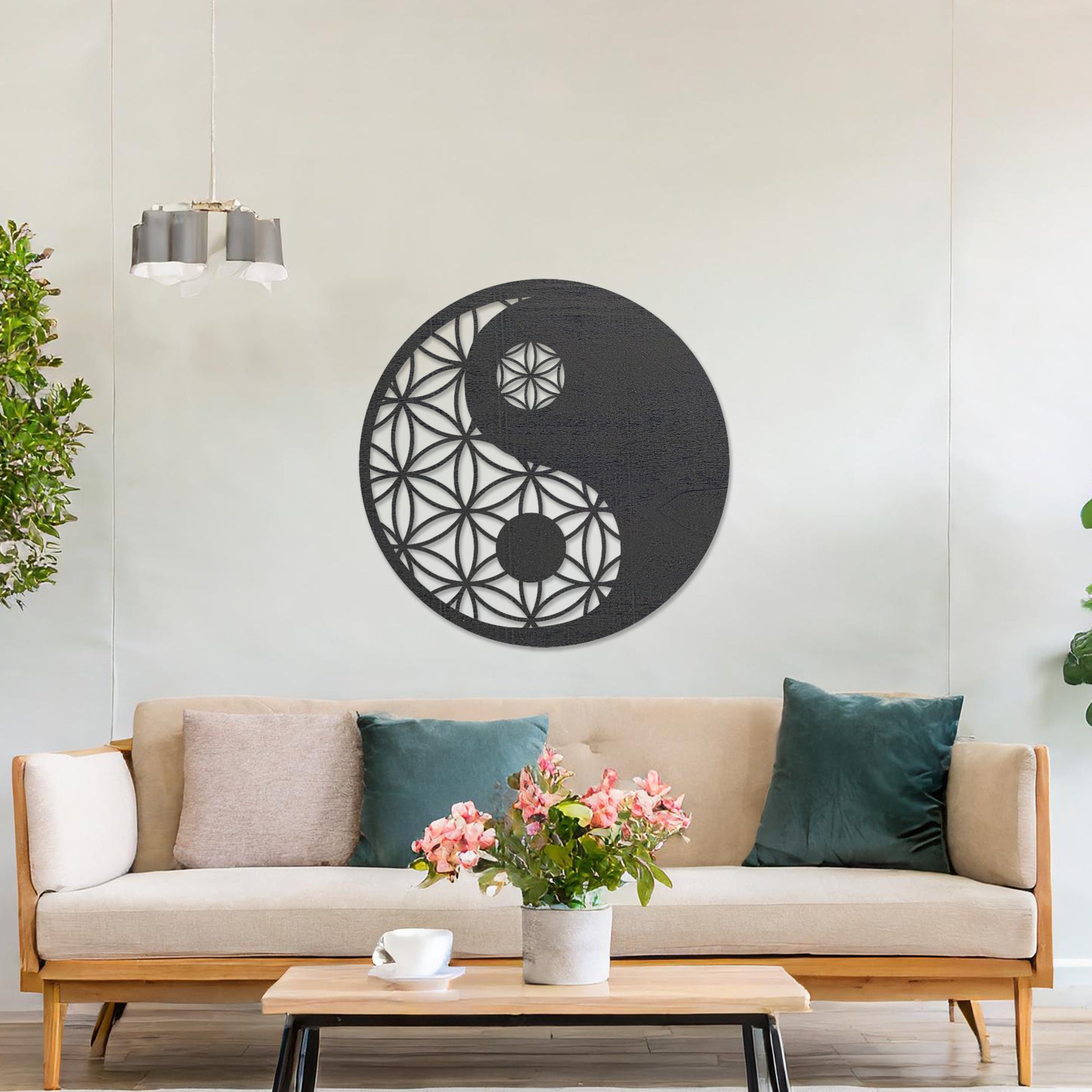 Wooden wall art design featuring a yin-yang symbol with a geometric flower of life pattern, framed in a circular shape, placed on a neutral wall within modern room decor. The design blends balance and harmony with intricate details.