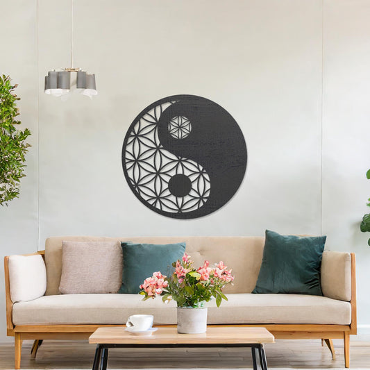 Wooden wall art design featuring a yin-yang symbol with a geometric flower of life pattern, framed in a circular shape, placed on a neutral wall within modern room decor. The design blends balance and harmony with intricate details.