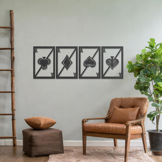 Wooden wall art featuring a set of four panels with playing card ace designs, each showcasing a club, diamond, heart, and spade symbol, displayed on a neutral wall within modern room decor, highlighting its bold and creative craftsmanship.