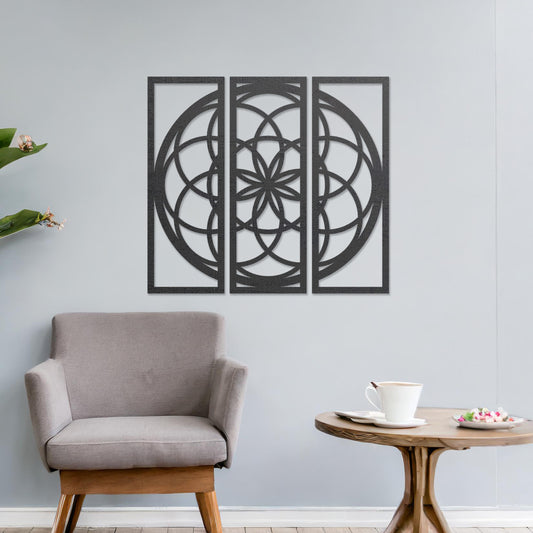 Wall art featuring a triptych design with an intricate geometric pattern of interlocking circles and floral elements. The artwork is displayed on a neutral wall within modern decor, adding a balanced and artistic focal point to the space.