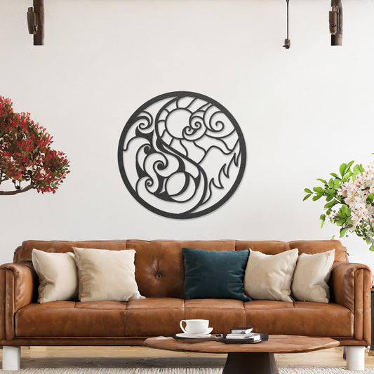 Wall art featuring a circular design with intricate swirls and flame-like patterns, combining fluid and dynamic elements. The piece is displayed on a neutral wall within modern decor, adding a bold and artistic focal point to the space.