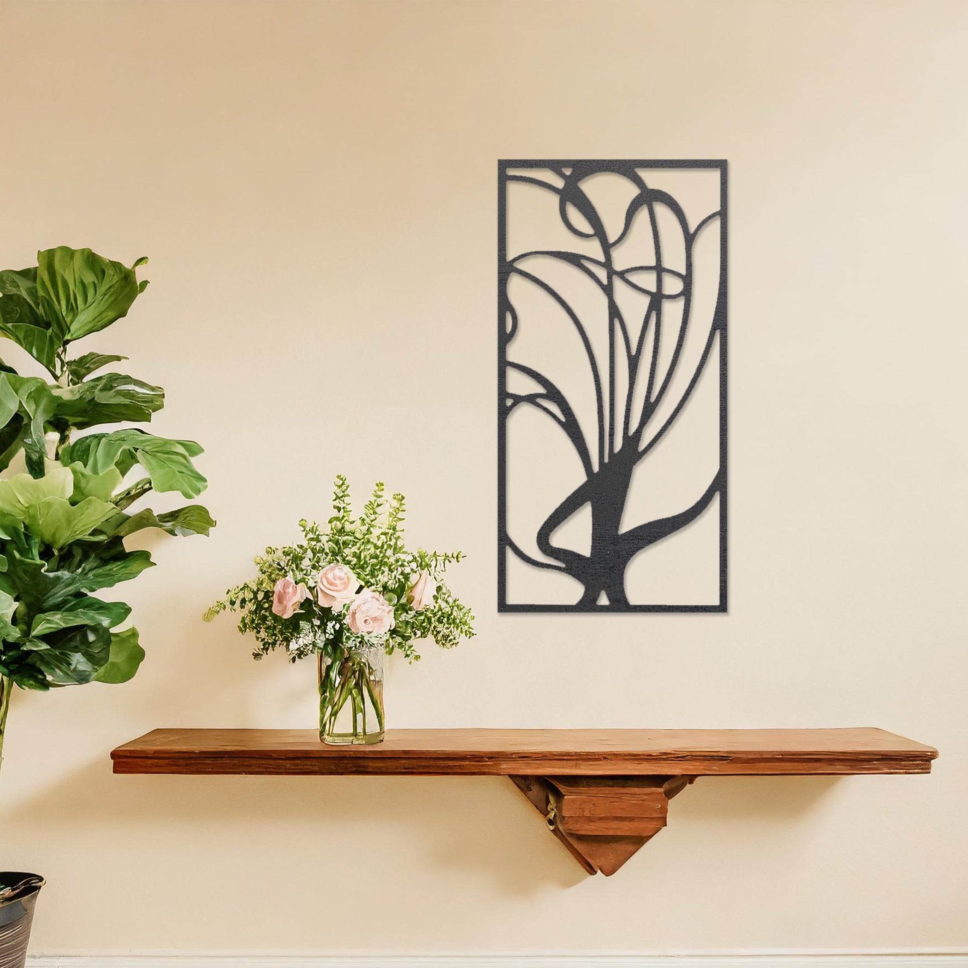 Wooden wall art featuring an abstract floral-inspired design with flowing lines, displayed on a neutral wall within modern room decor, showcasing its elegant and artistic craftsmanship.