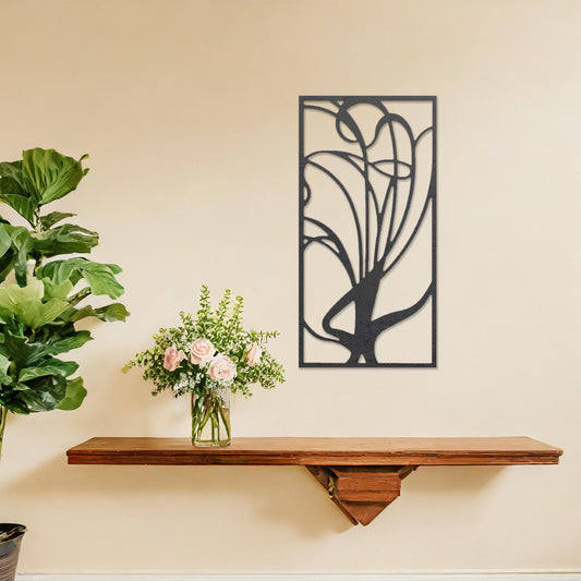 Wooden wall art featuring an abstract floral-inspired design with flowing lines, displayed on a neutral wall within modern room decor, showcasing its elegant and artistic craftsmanship.