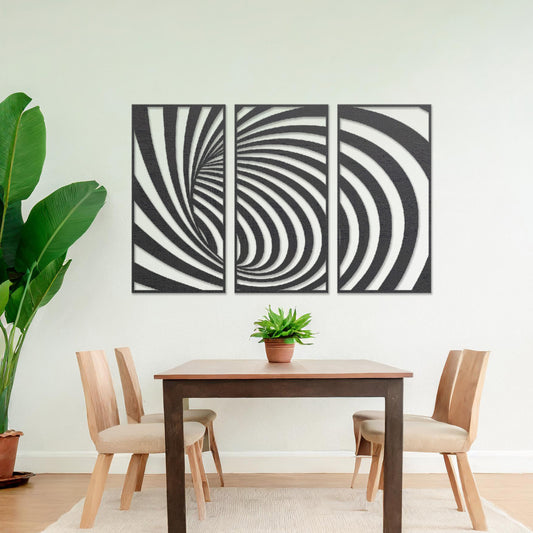 Wooden wall art comprising three panels with an abstract spiral design, displayed on a neutral wall within modern room decor, highlighting its bold and contemporary artistic craftsmanship.