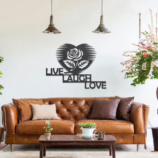 The design features the phrase "LIVE LAUGH LOVE" arranged in a staggered layout, with a rose inside a heart shape above the text. The clean, geometric lines of the text and the heart-shaped rose create a striking, modern look. 