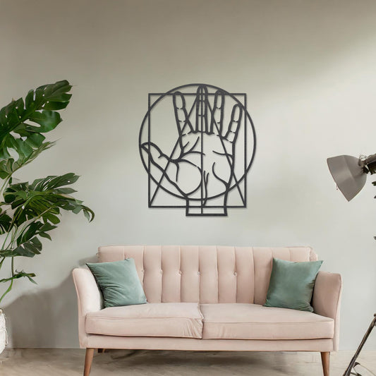 This design features a geometric and minimalist representation of a hand, framed within a circle and square. The clean lines and balanced shape create a modern, artistic effect perfect for contemporary spaces.
