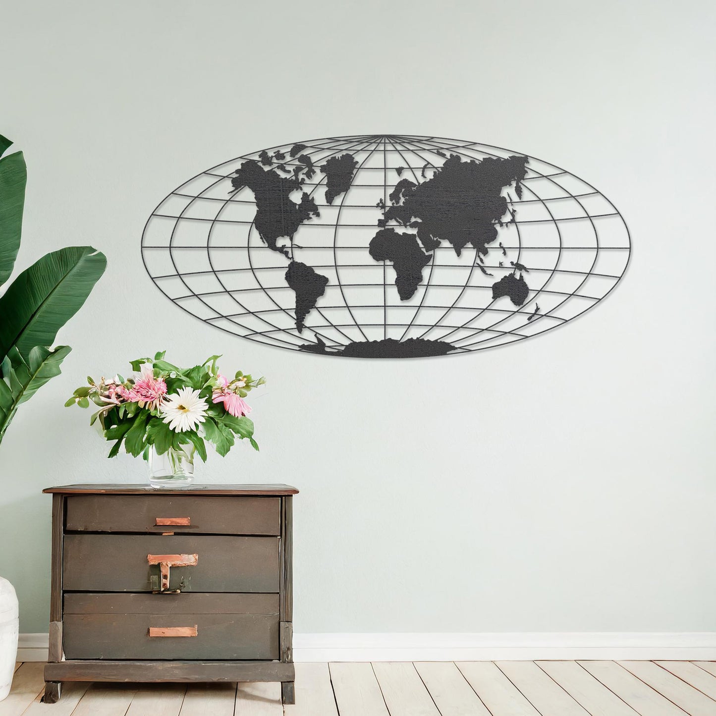 Wooden wall art featuring an oval world map design with detailed continents outlined on a grid, displayed on a neutral wall within modern room decor, showcasing its elegant and contemporary craftsmanship.