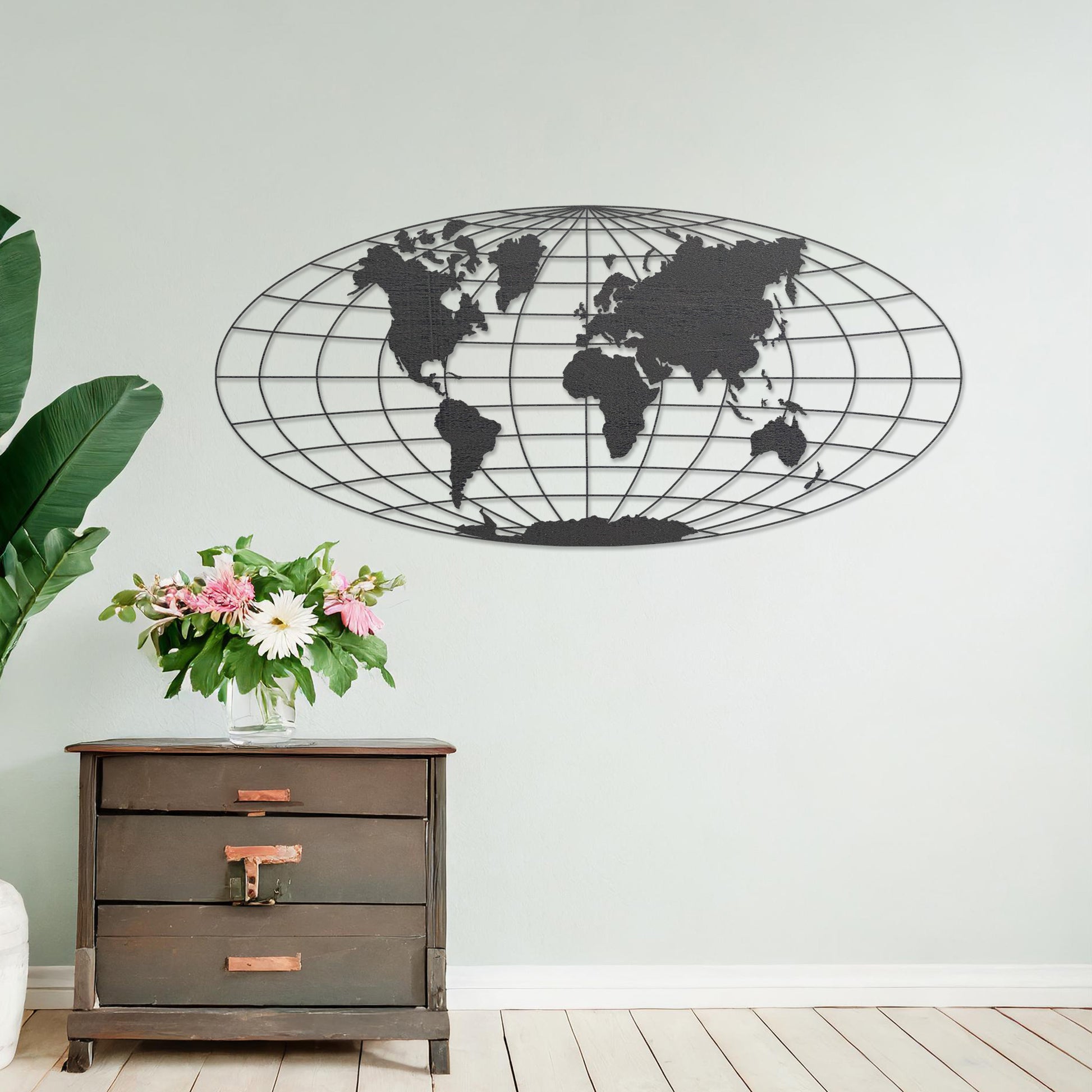 Wooden wall art featuring an oval world map design with detailed continents outlined on a grid, displayed on a neutral wall within modern room decor, showcasing its elegant and contemporary craftsmanship.
