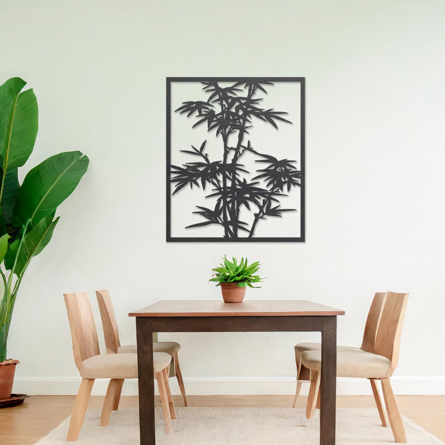 Wooden wall art featuring a rectangular bamboo design with intricate leaves and stalks, displayed on a neutral wall within modern room decor, highlighting its elegant and nature-inspired craftsmanship.