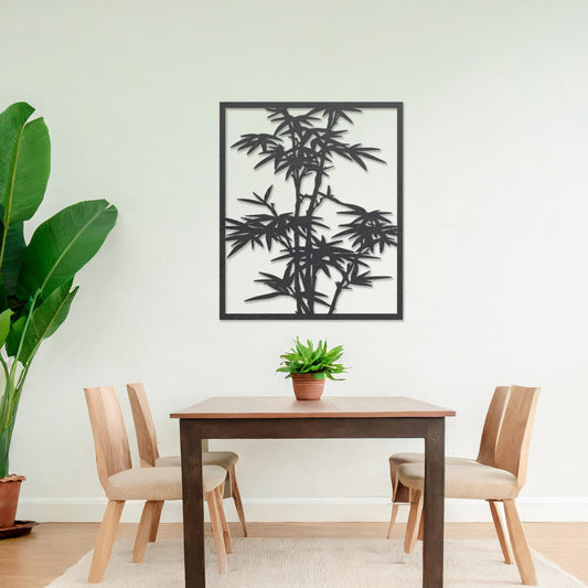 Wooden wall art featuring a rectangular bamboo design with intricate leaves and stalks, displayed on a neutral wall within modern room decor, highlighting its elegant and nature-inspired craftsmanship.