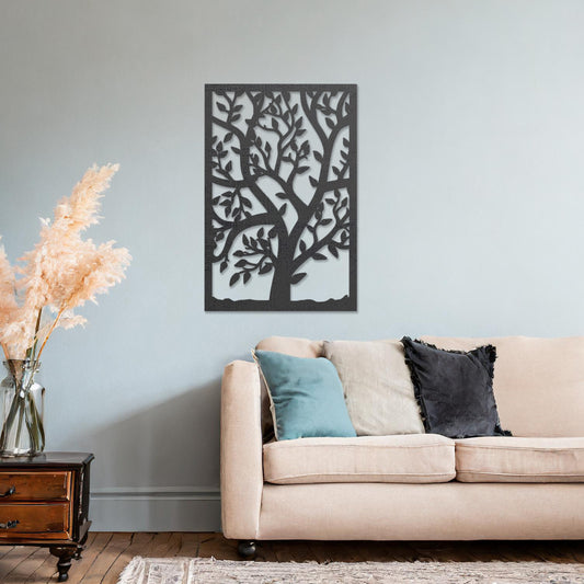 This design features a tree with intricate branches and leaves within a rectangular frame, offering a natural and serene aesthetic. It brings a sense of growth and harmony to modern interiors.