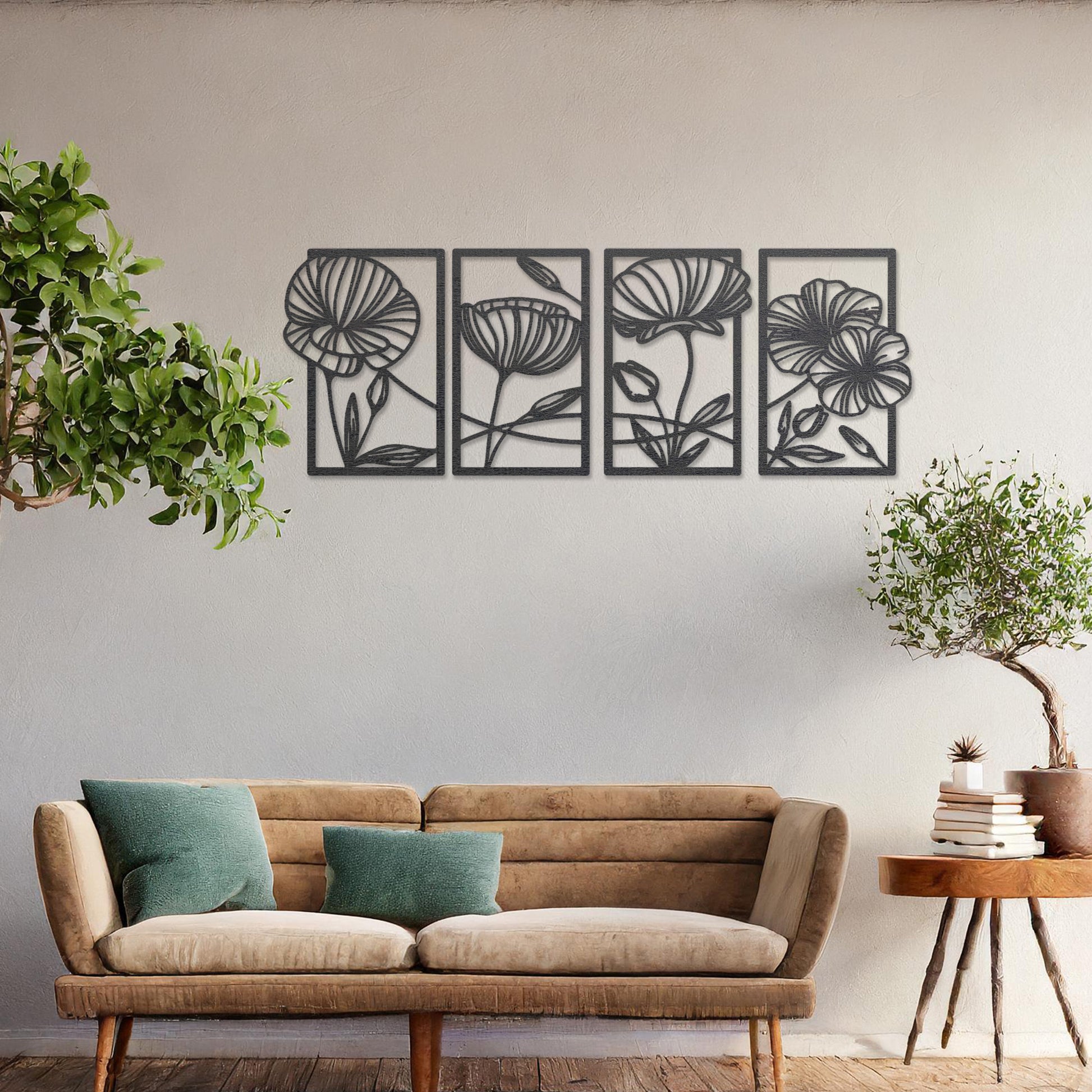 Wooden wall art featuring a four-panel design with intricate floral patterns of blooming flowers and leaves. The artwork is displayed on a neutral wall within modern room decor, highlighting its natural and elegant aesthetic.