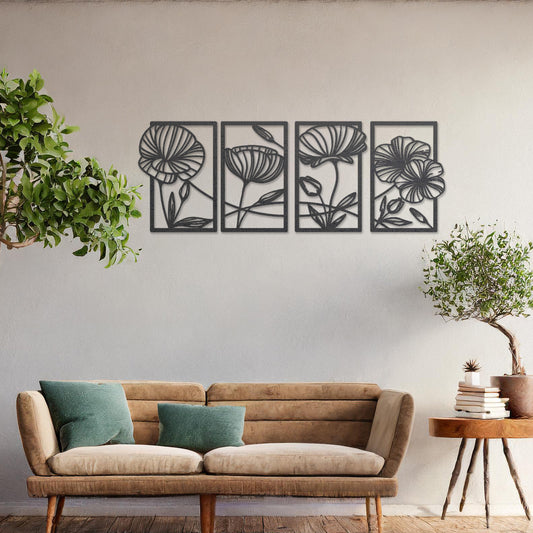 Wooden wall art featuring a four-panel design with intricate floral patterns of blooming flowers and leaves. The artwork is displayed on a neutral wall within modern room decor, highlighting its natural and elegant aesthetic.